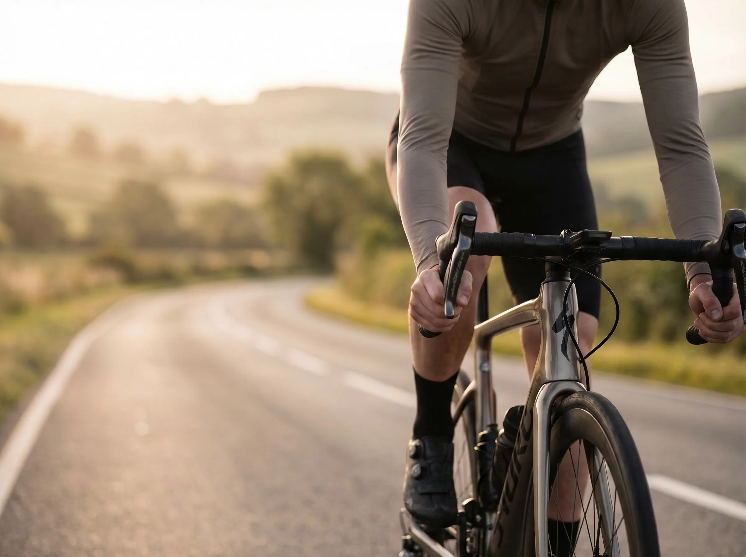 Cyclist riding on rural road at sunrise