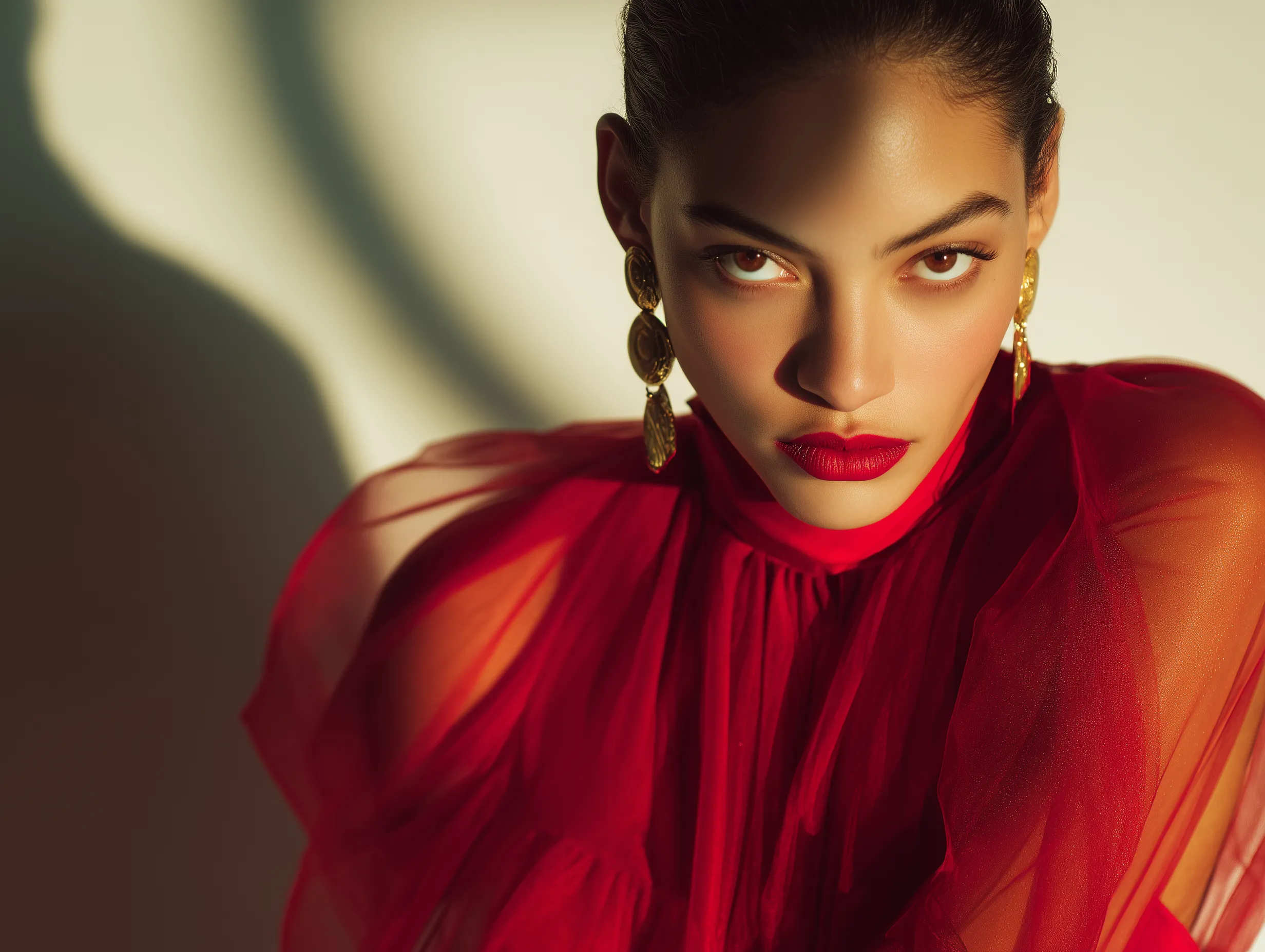 High-Fashion Portrait of Woman in Red Tulle