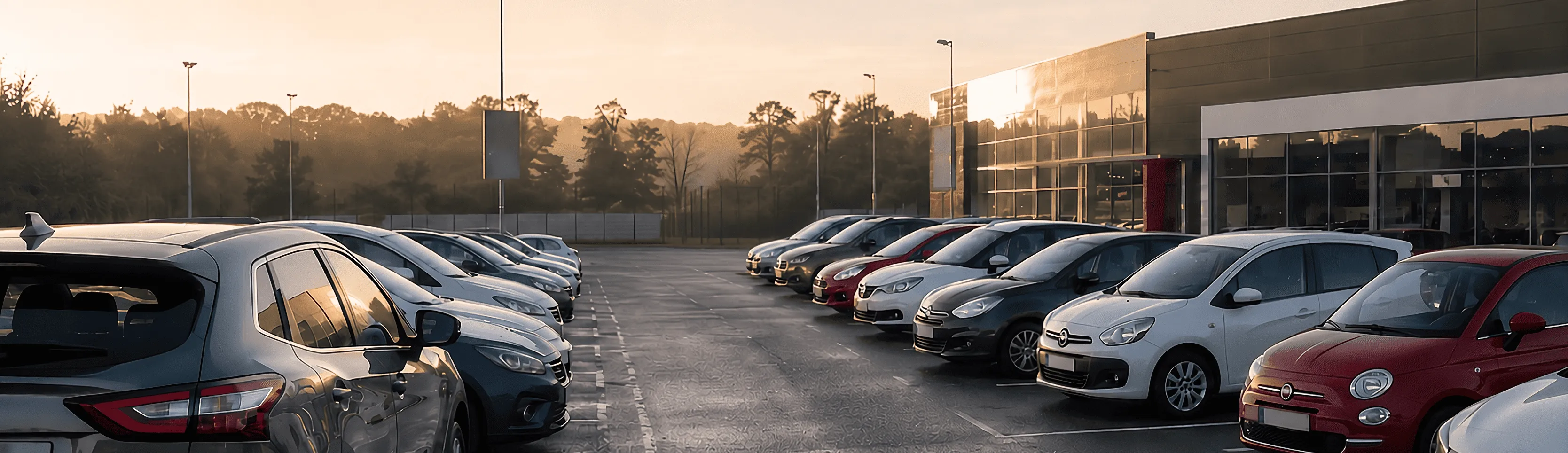 Modern Car Dealership Lot at Sunset