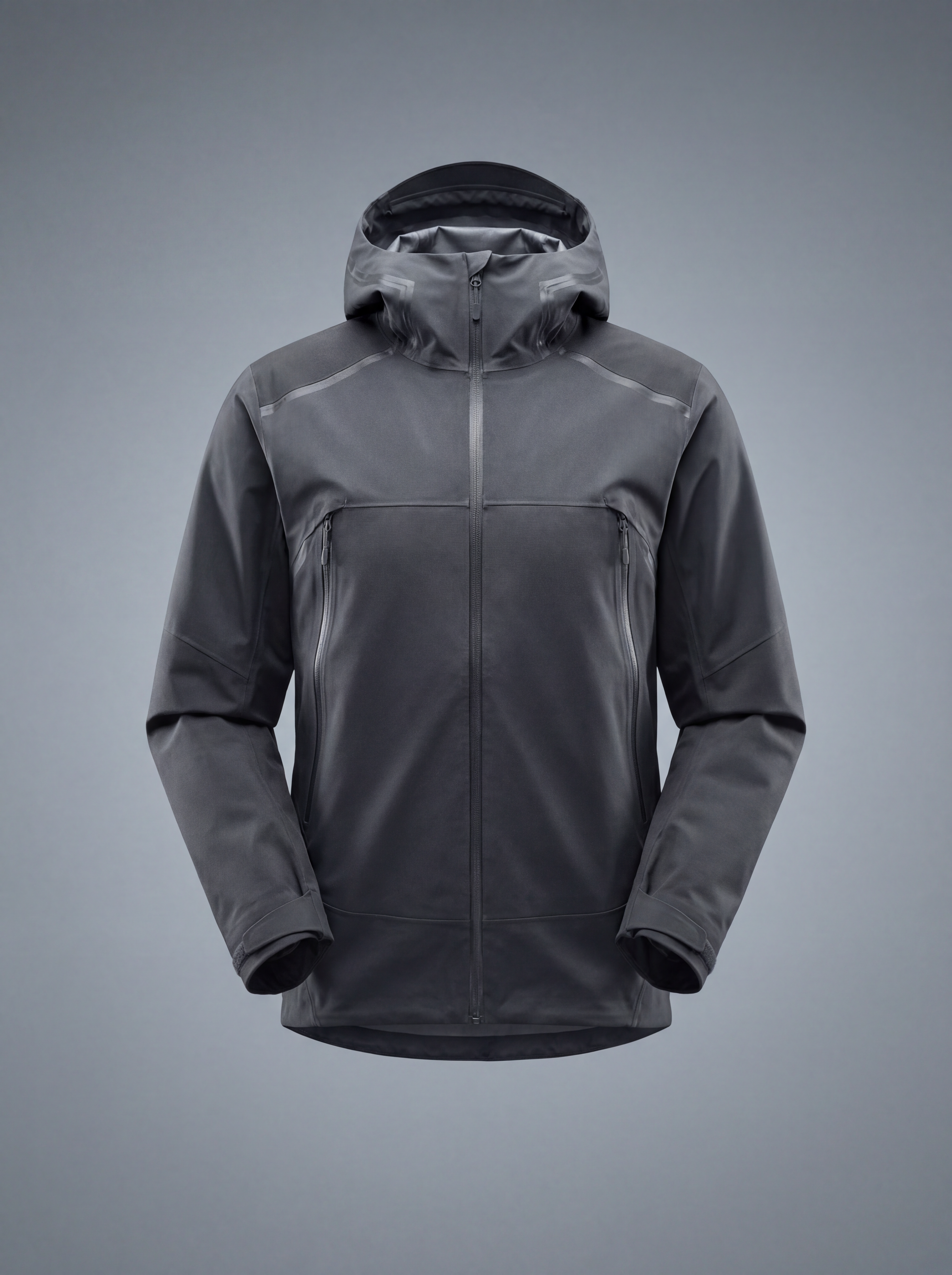 Black technical hooded softshell jacket
