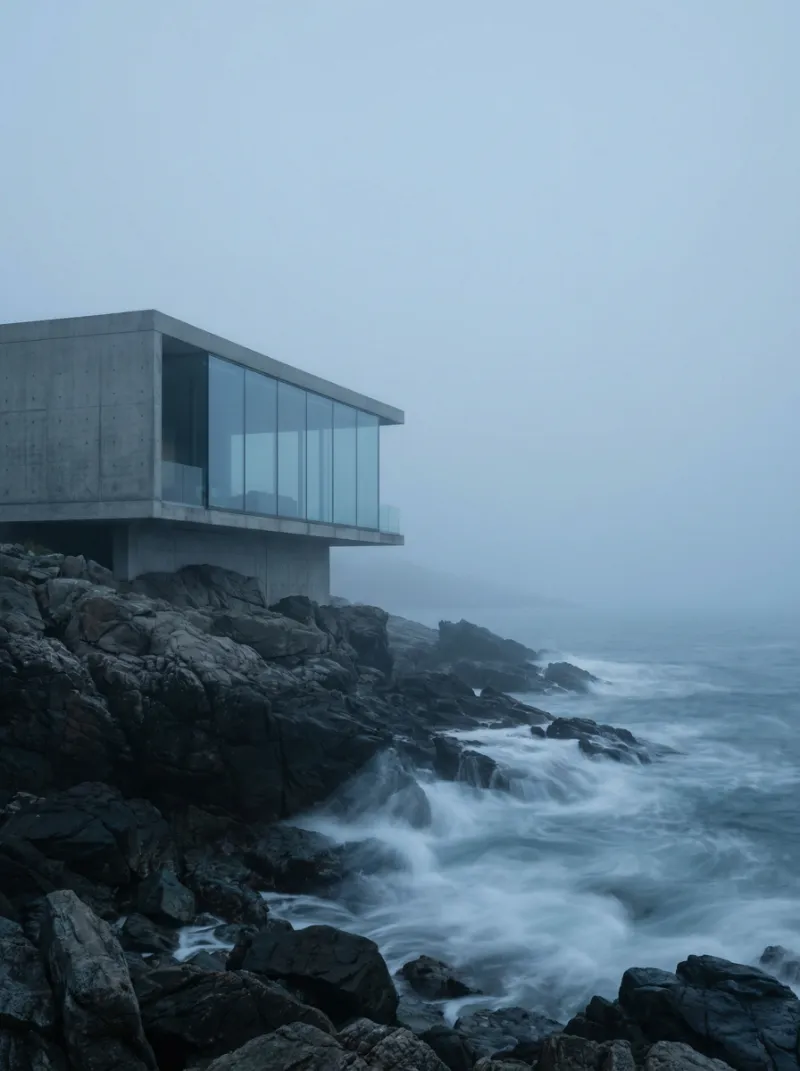 Modern concrete house on foggy rocky coast