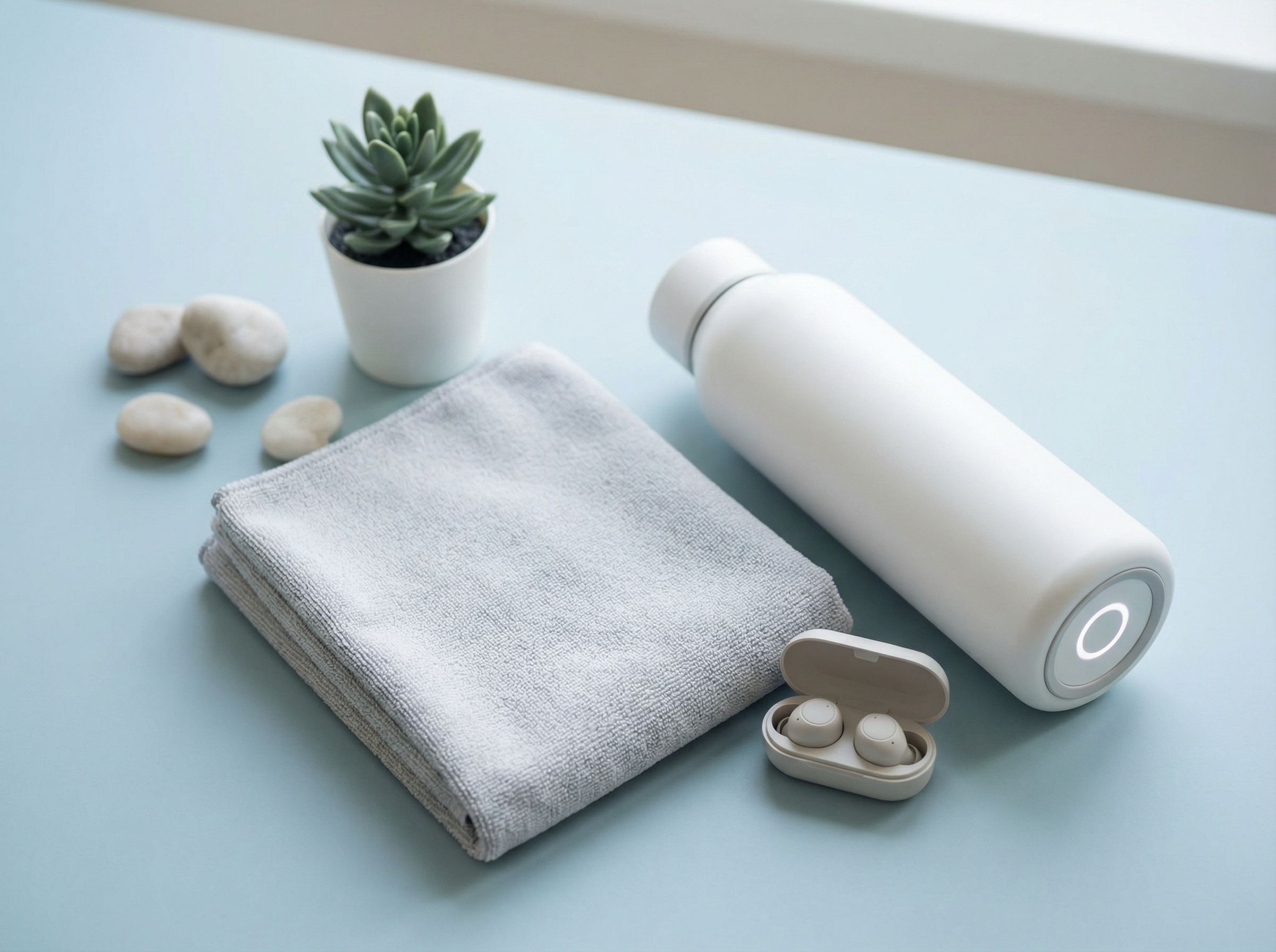 Minimal wellness flatlay with bottle and earbuds