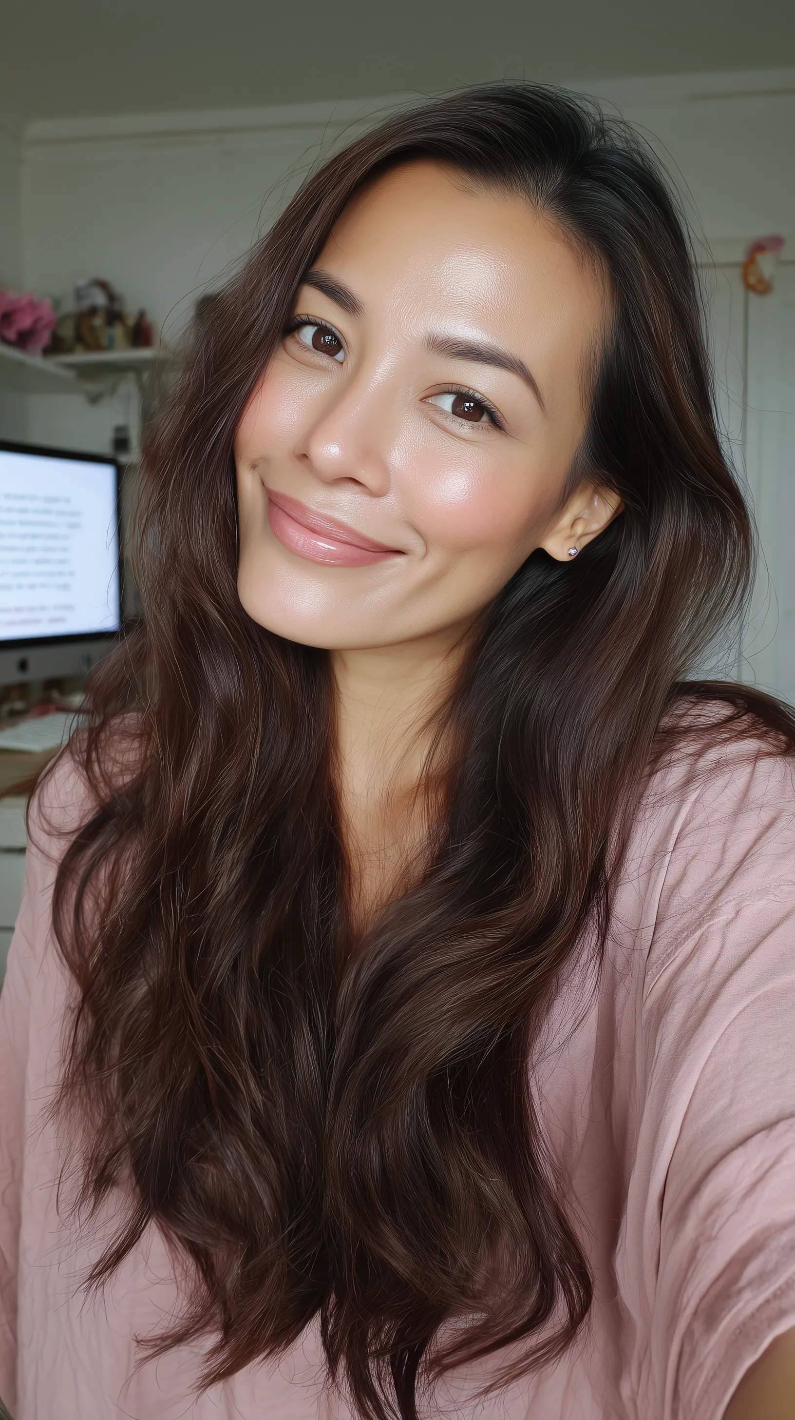 Smiling woman taking a casual indoor selfie