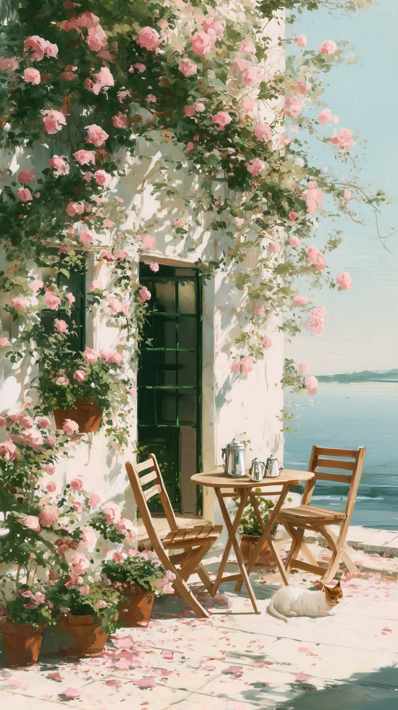 Rose-covered seaside patio with bistro set