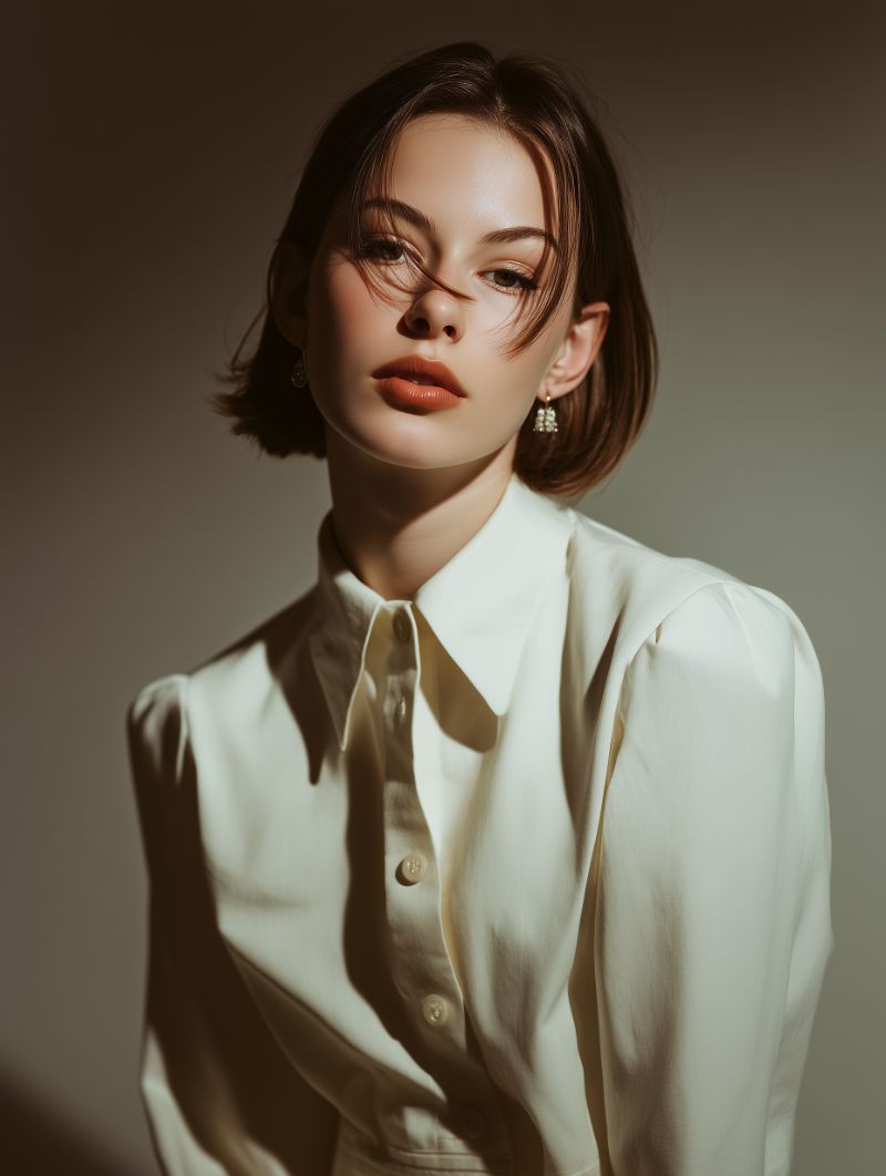 Soft-lit portrait of stylish woman in cream blouse