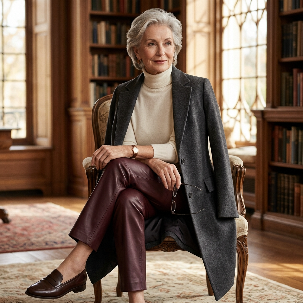Elegant elderly woman wearing leather pants in a refined fashion portrait