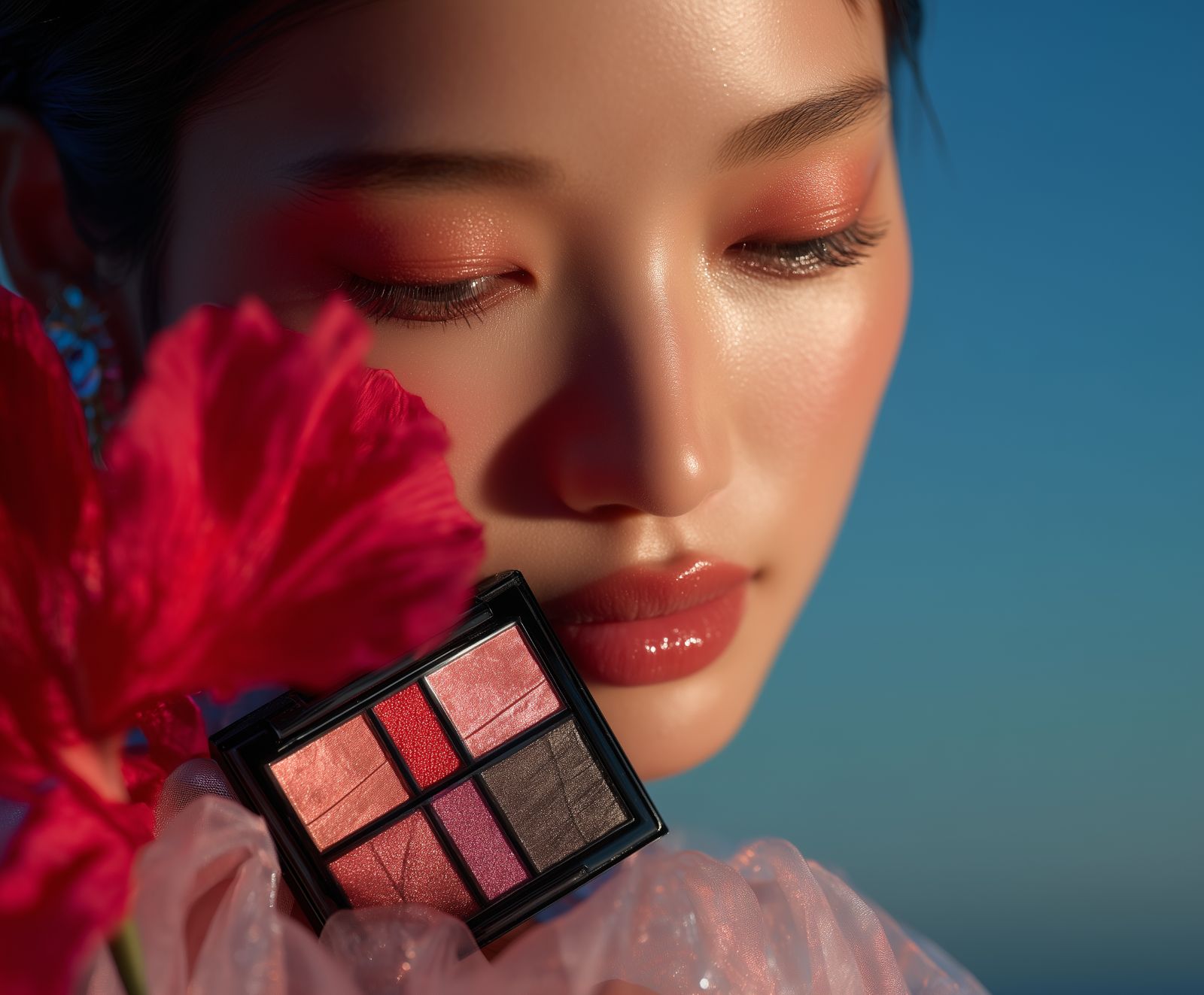 Pastel cosmetics with pink flowers