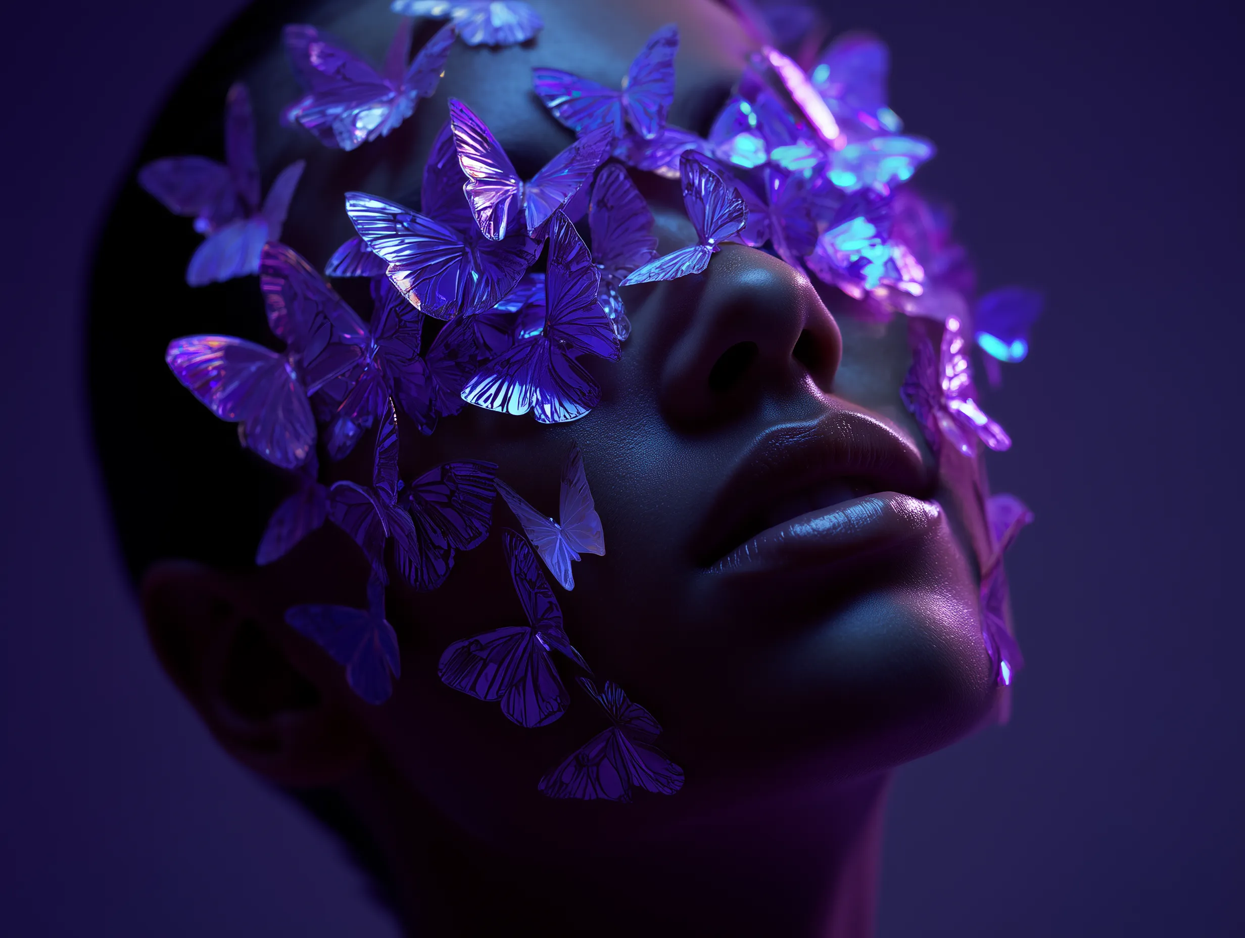 Woman with Glowing Purple Butterflies