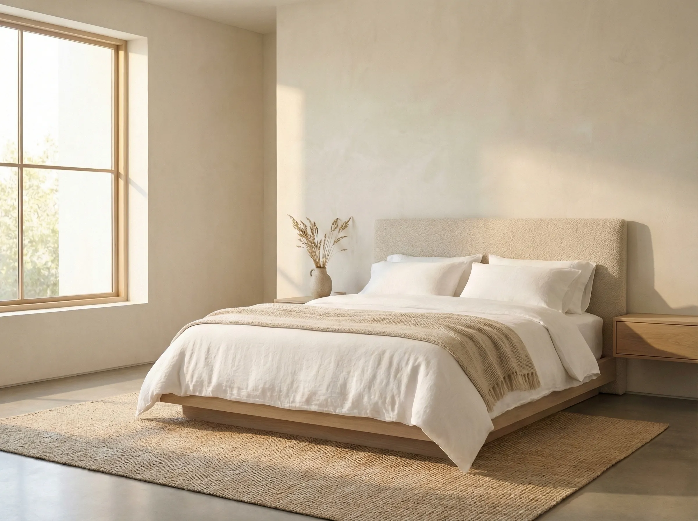 Minimalist neutral bedroom with natural light