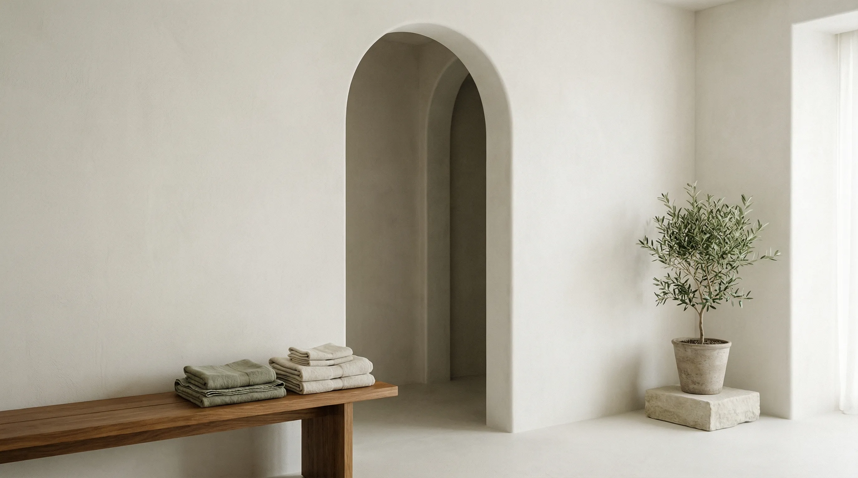 Minimalist interior with archway and potted plant