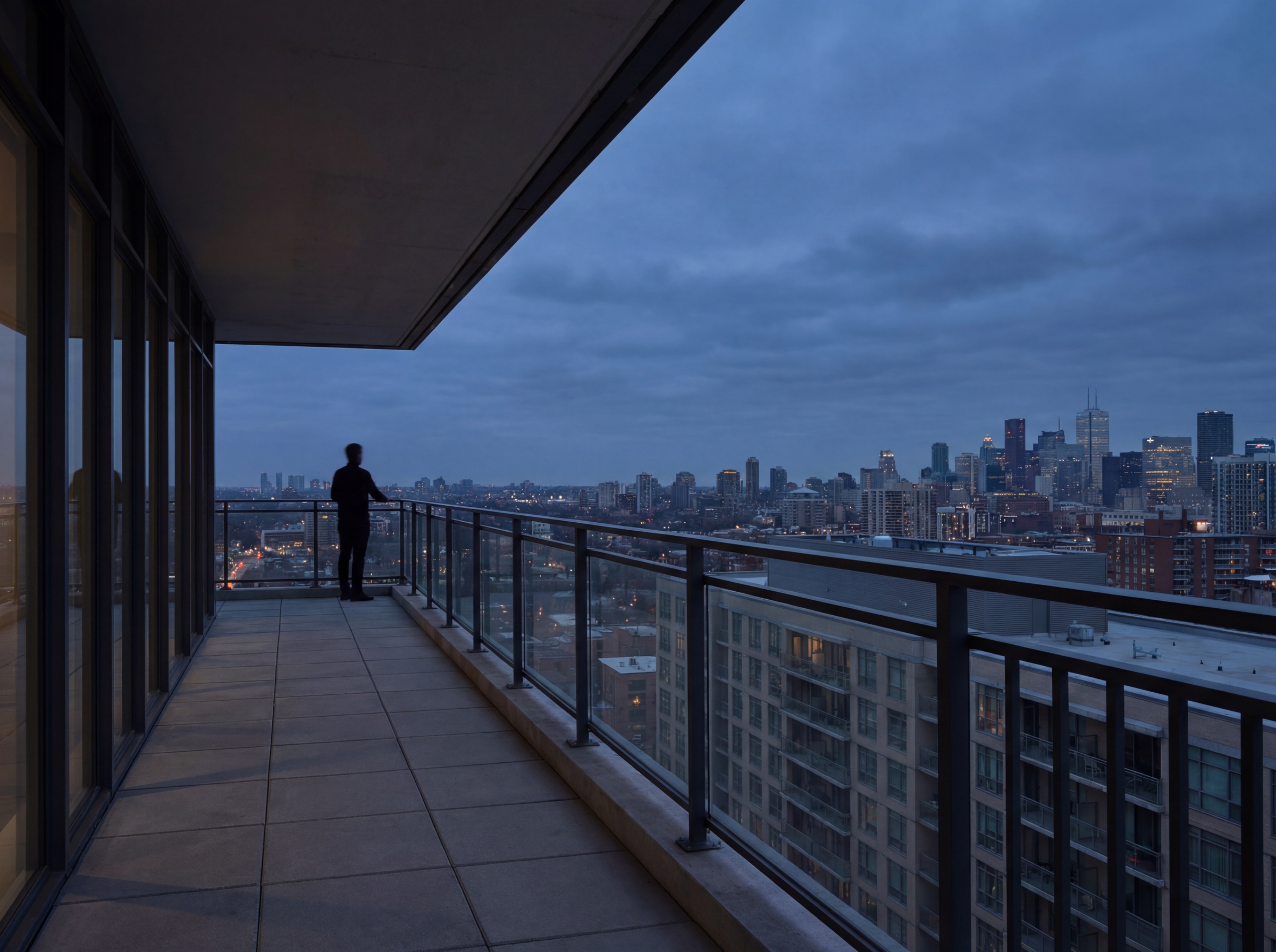 Person on high-rise balcony at dusk