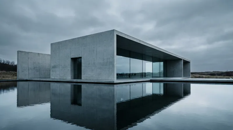 Minimalist concrete house by reflecting pool