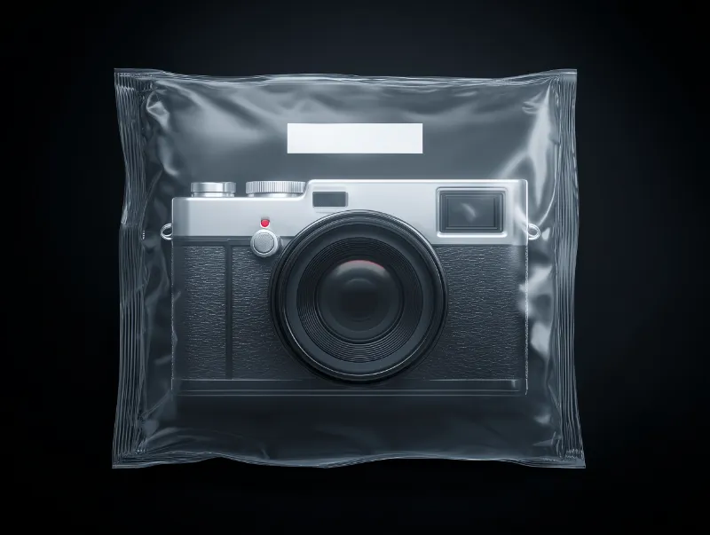 Retro camera vacuum-sealed in clear plastic bag