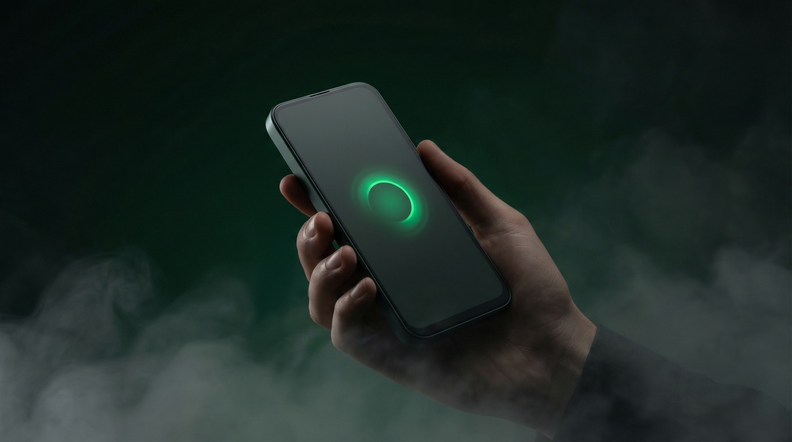 Hand holding smartphone with green glowing ring