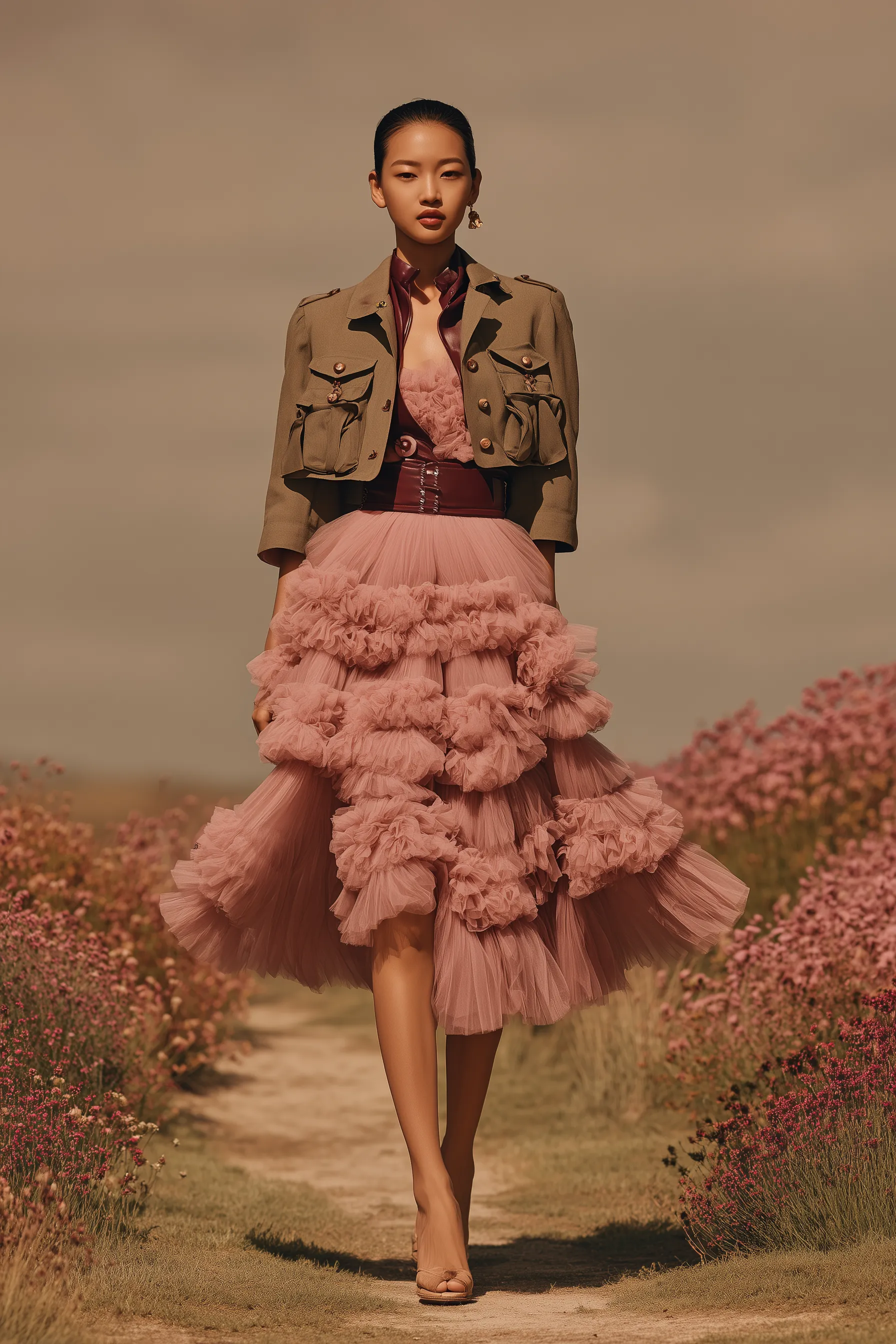 Fashion portrait in ruffled pink tulle dress