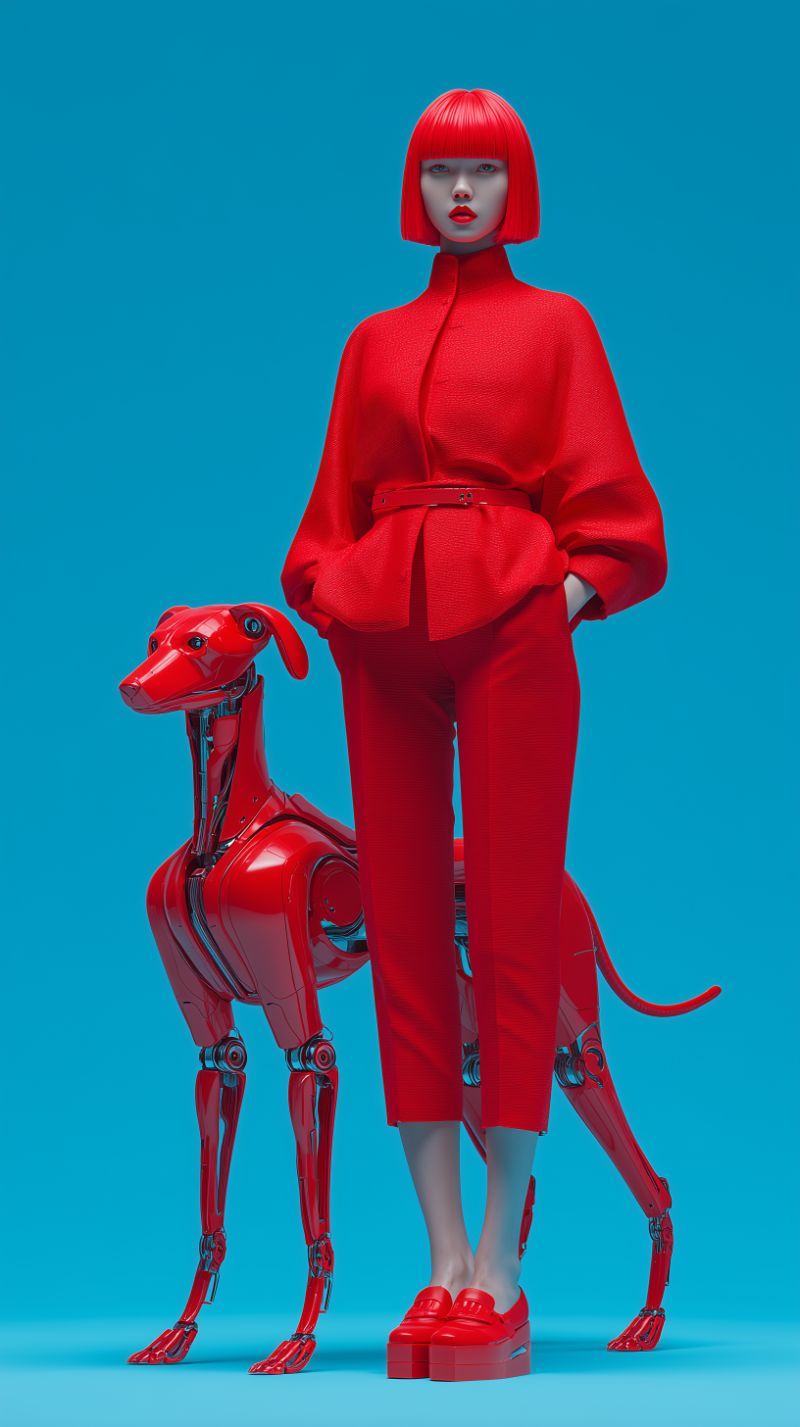 Futuristic red fashion model with robotic dog