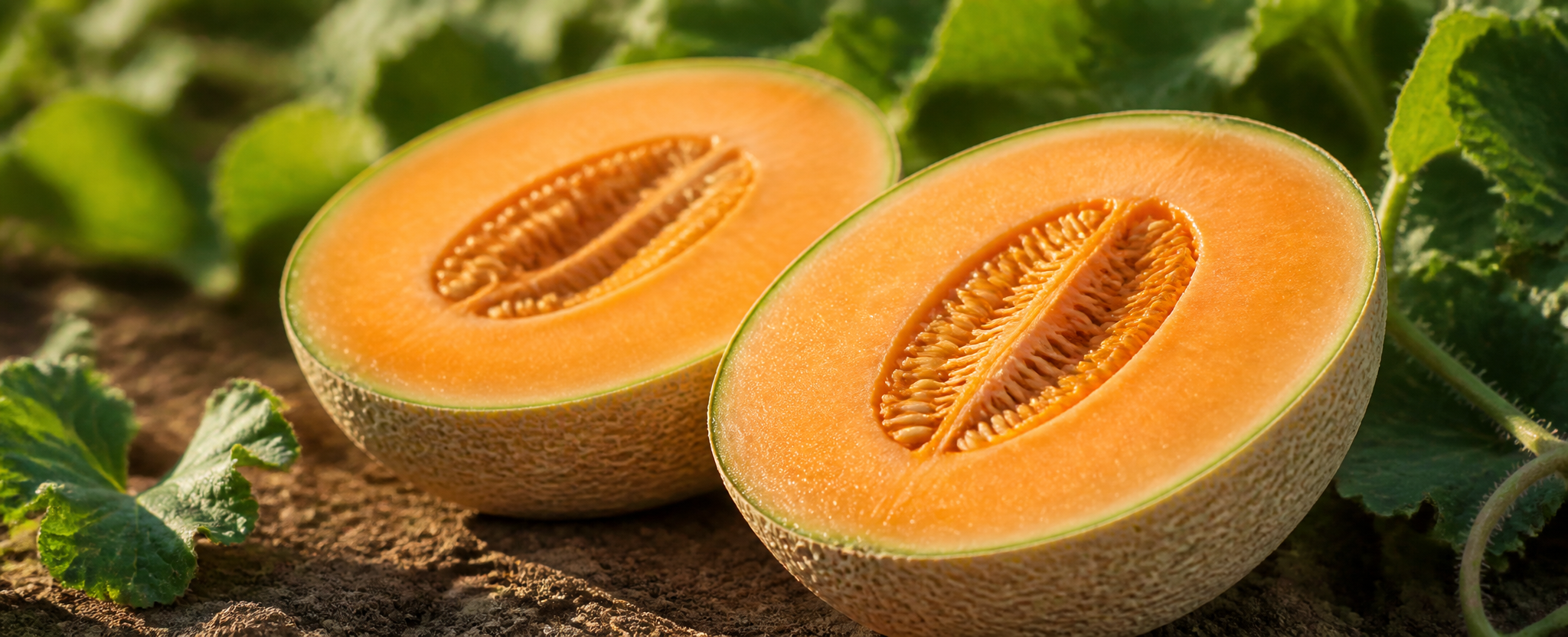 Cut cantaloupe halves showing ripe orange flesh