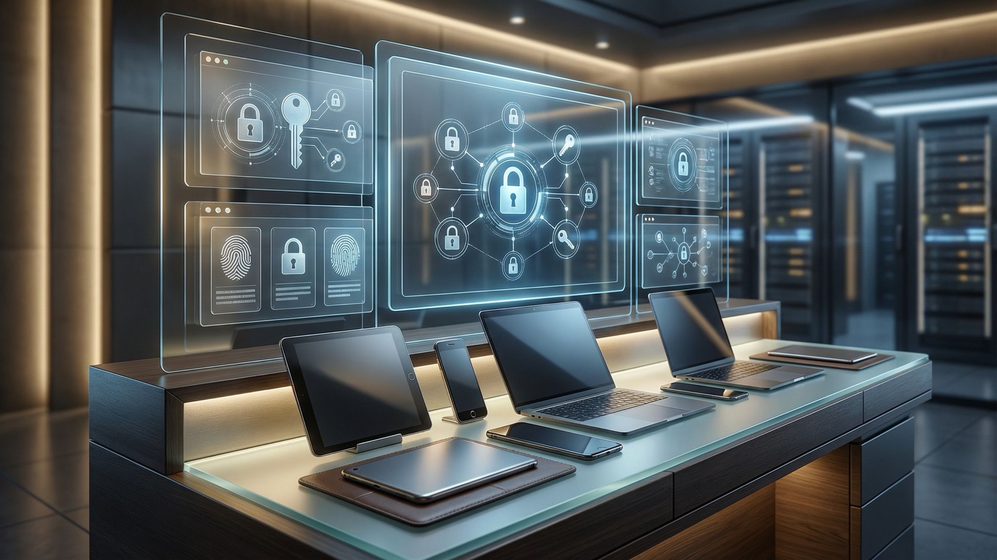 Cybersecurity dashboard in modern server room