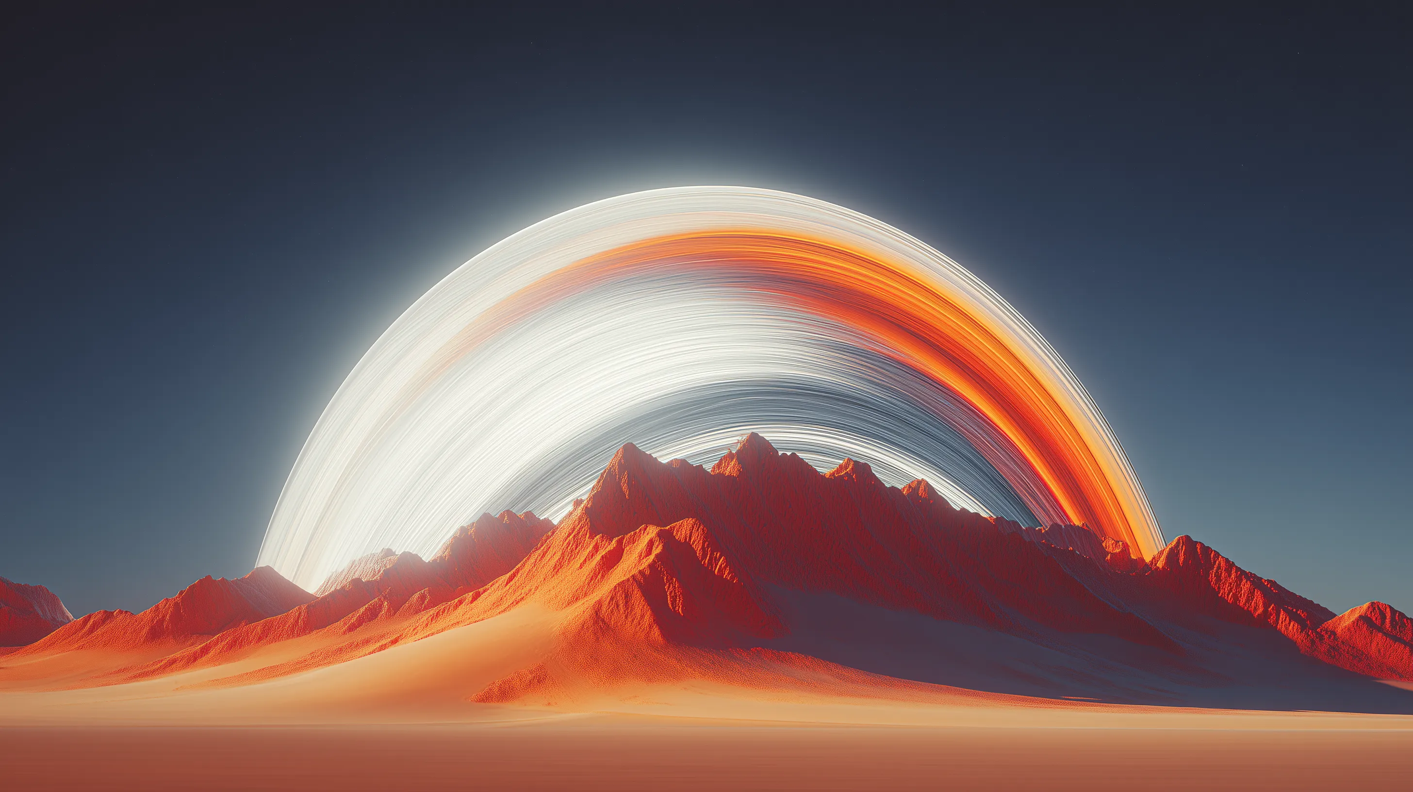 Surreal Red Desert Under Luminous Planet Rings