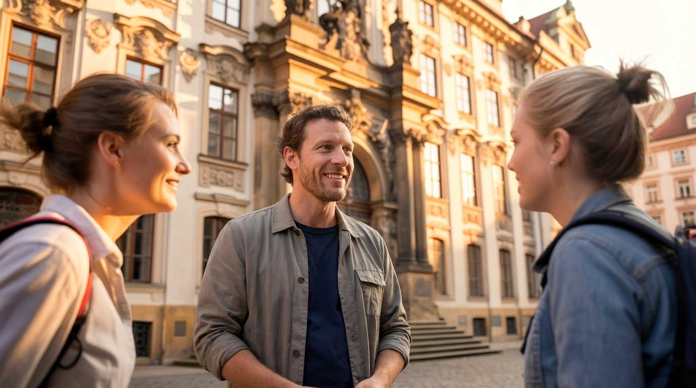 Guide and tourists walking in Prague