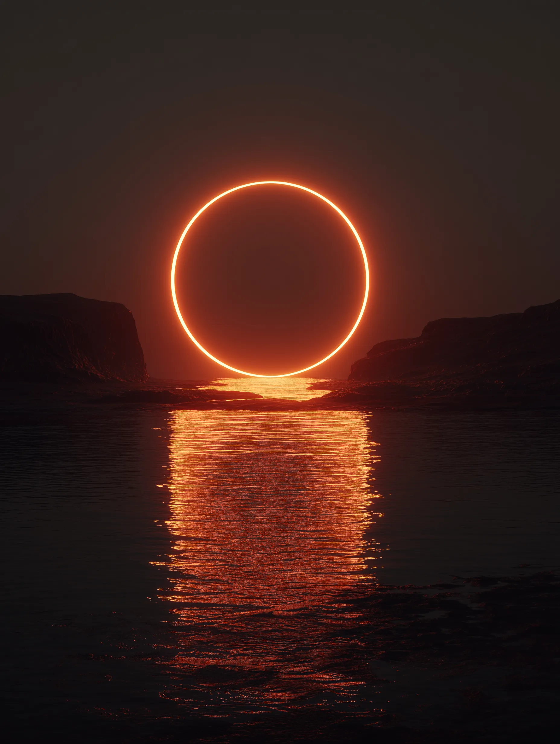 Glowing Neon Ring over Dark Water Landscape