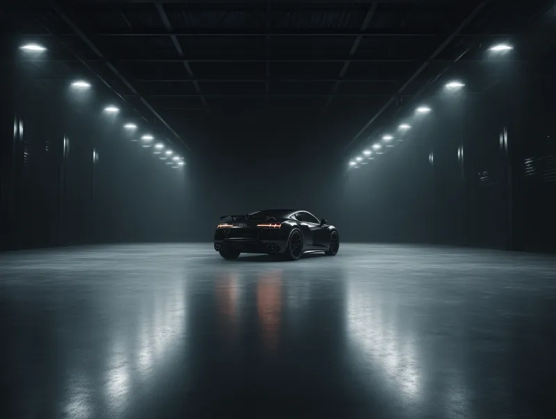 Black sports car in dramatic warehouse lighting