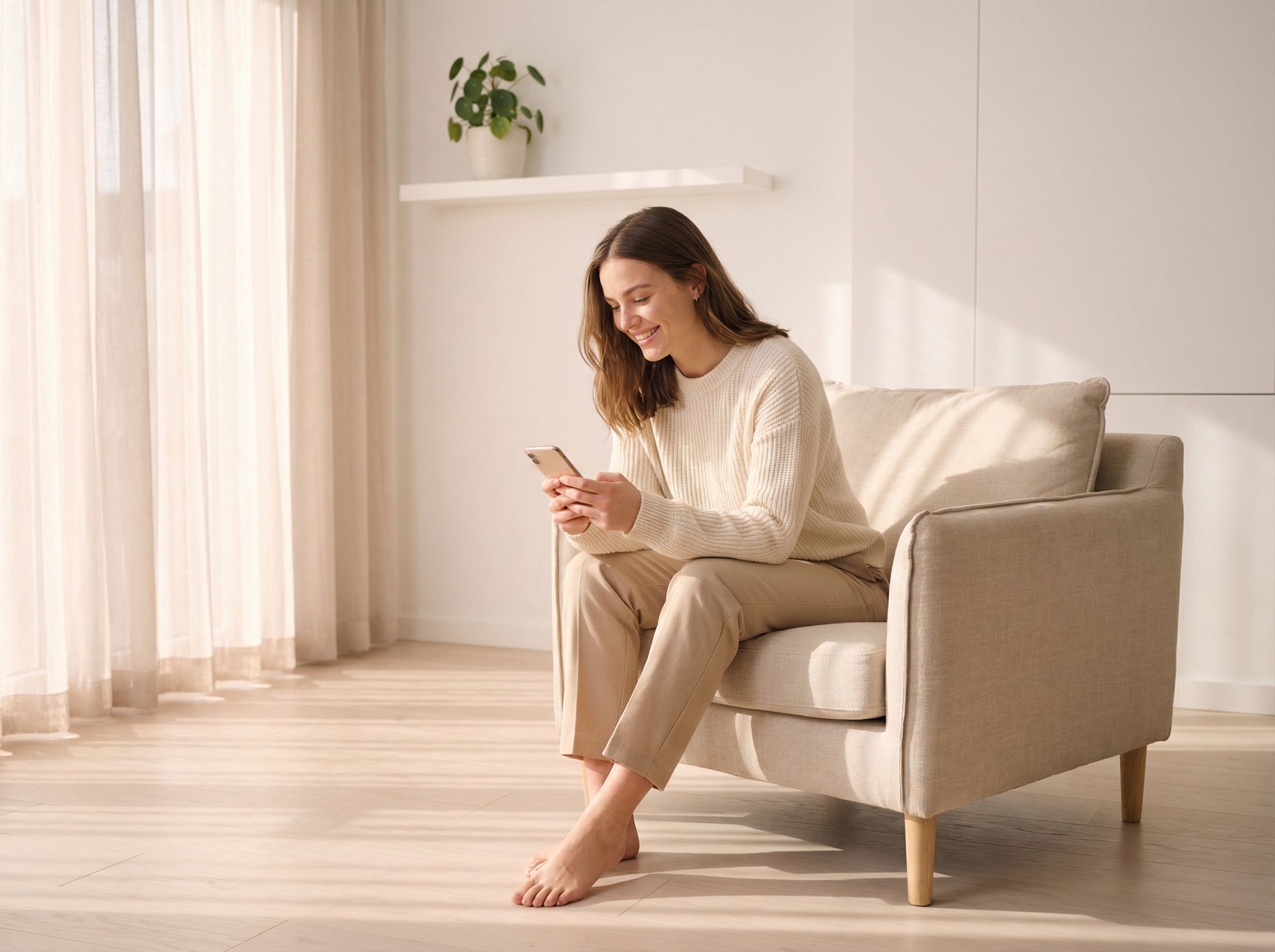 Woman relaxing on sofa using smartphone