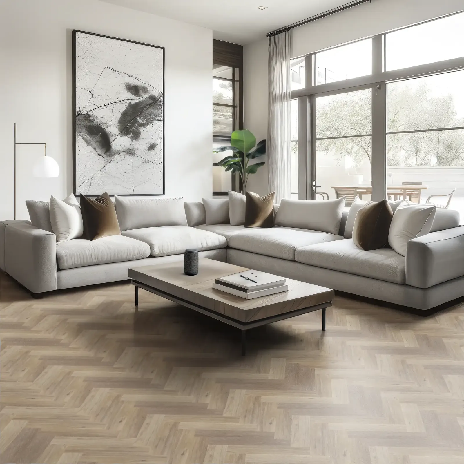 Herringbone pattern luxury vinyl tile flooring in a residential setting