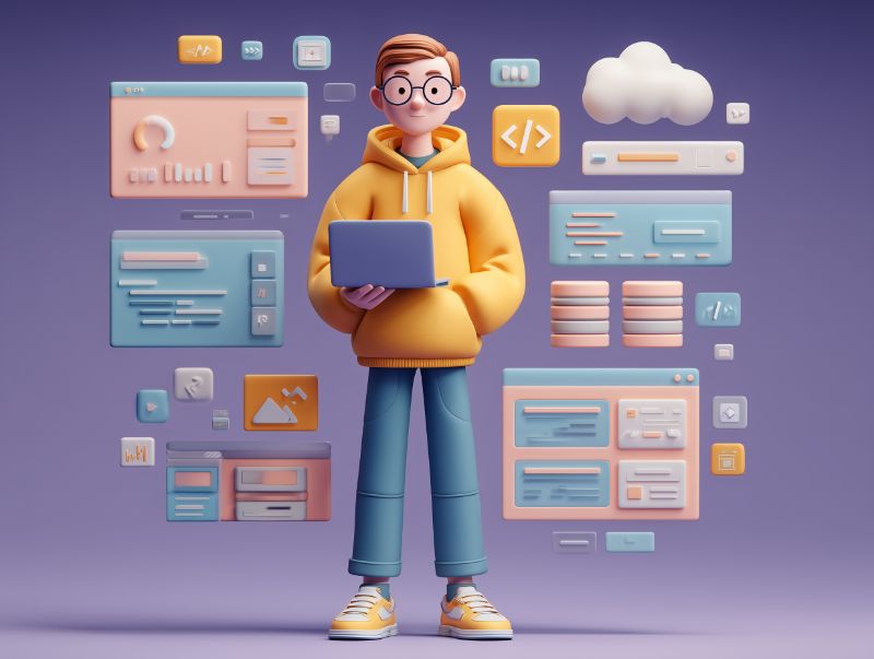 3D Illustration of Hoodie-Wearing Developer with Laptop
