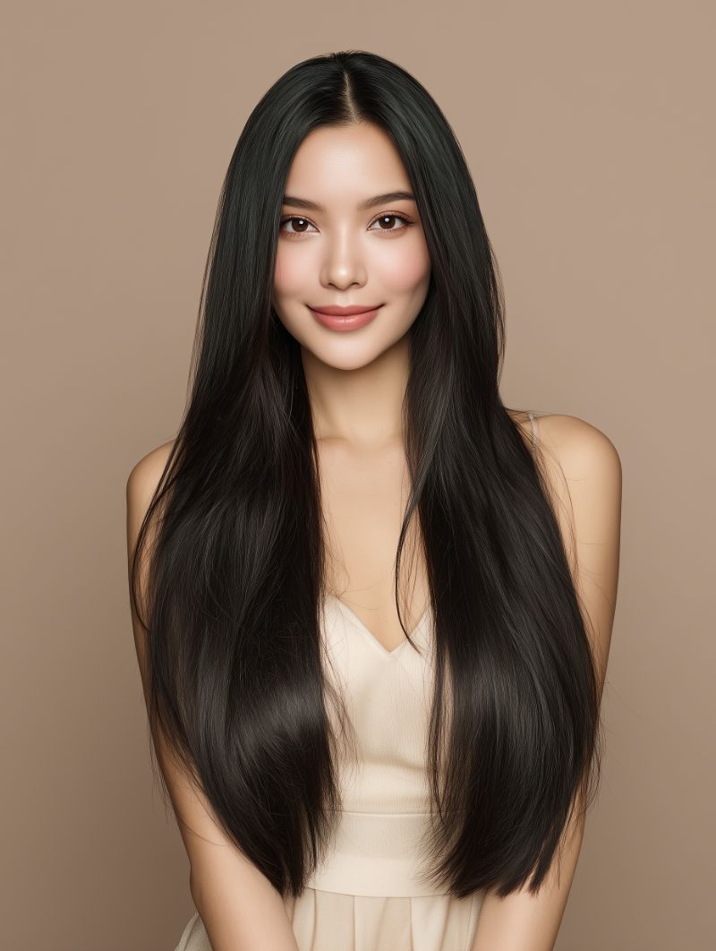 Studio portrait of woman with long black hair