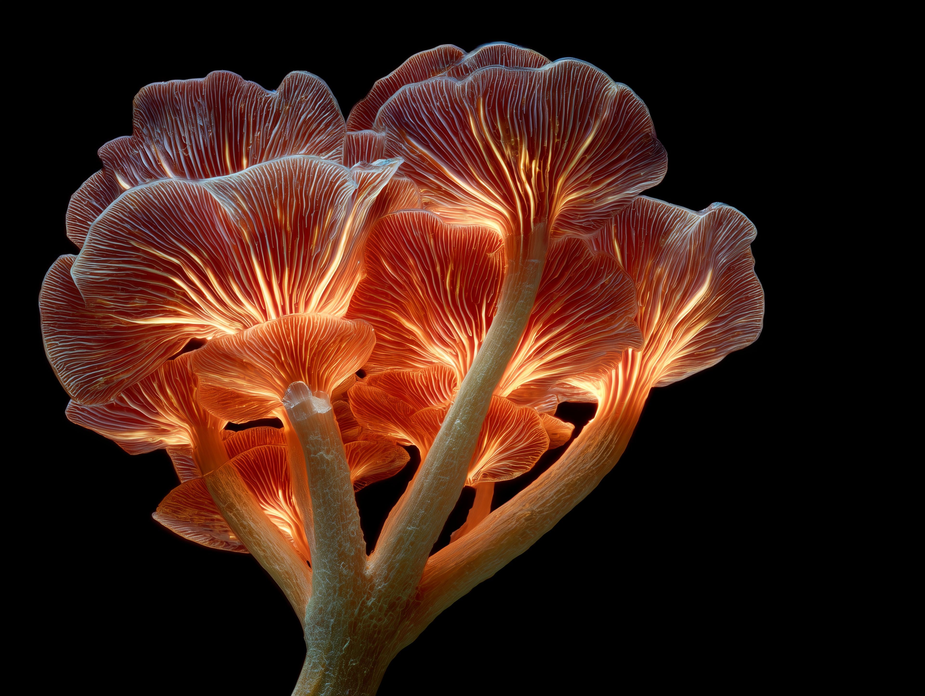 Backlit red mushroom gills macro