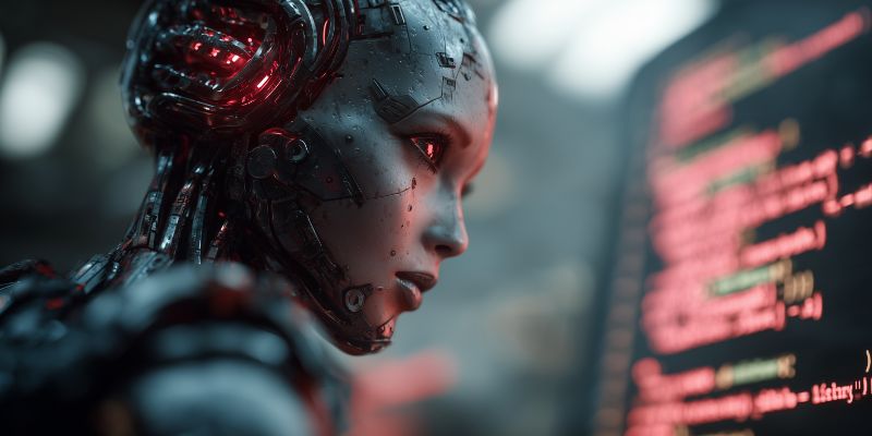 Futuristic Cyborg Analyzing Code on Screen