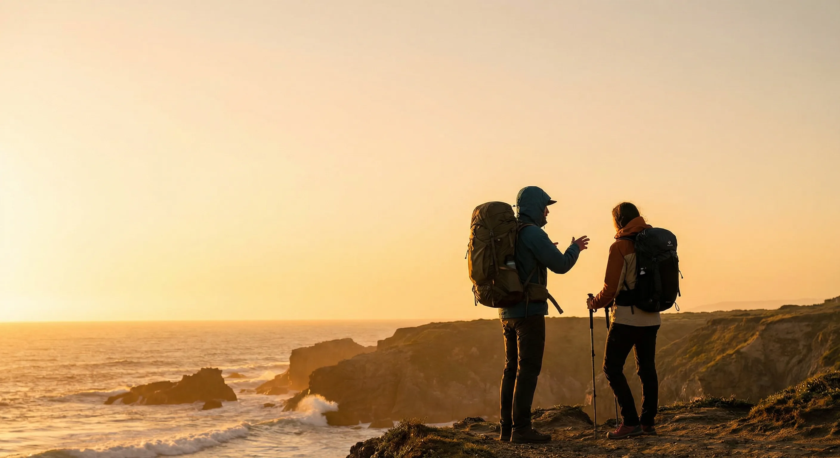 Hikers on coastal cliff at golden sunset