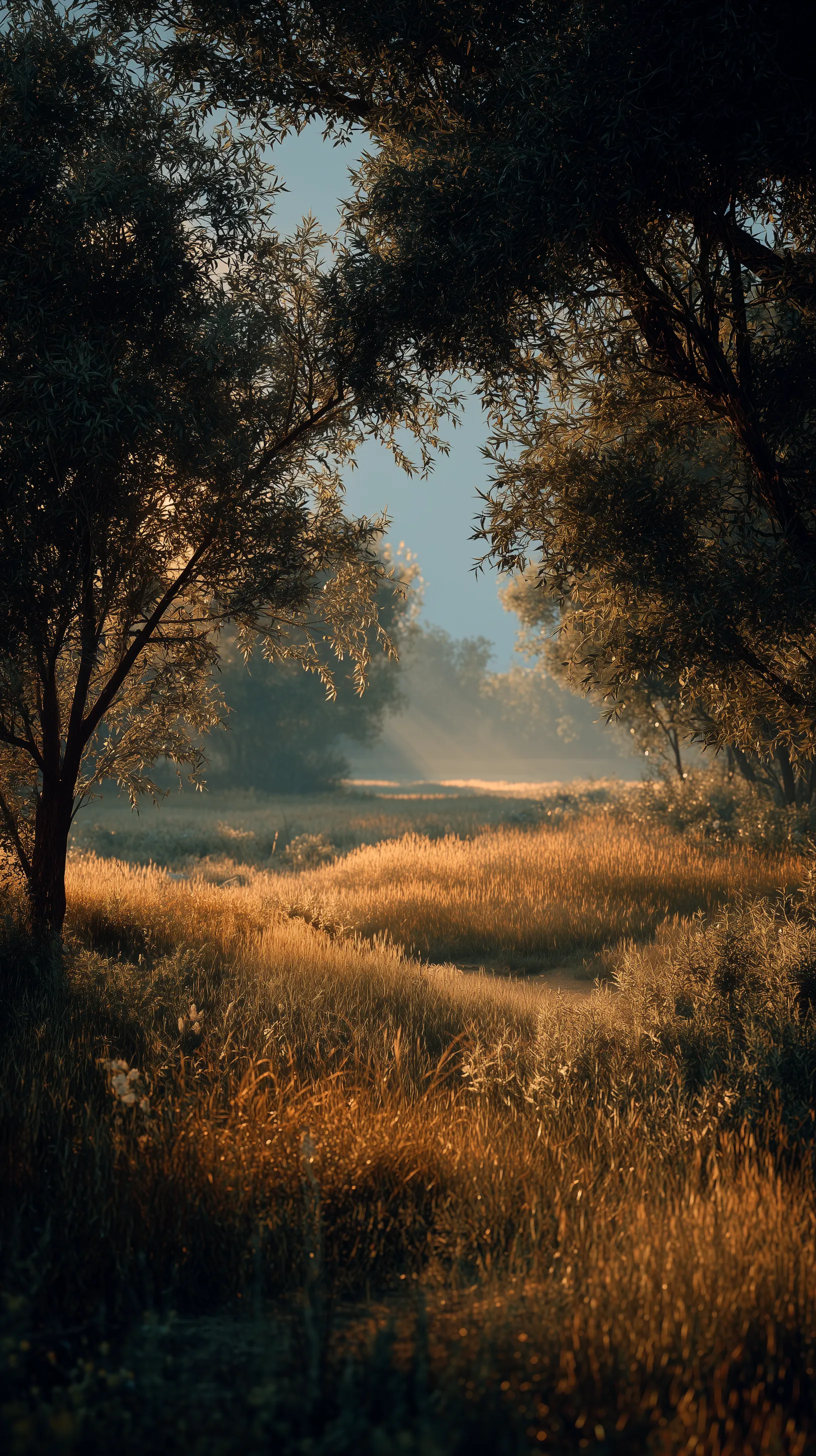 Sunlit forest meadow at golden hour