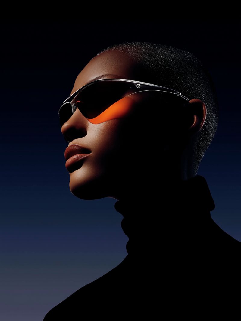 Futuristic profile portrait with orange visor sunglasses