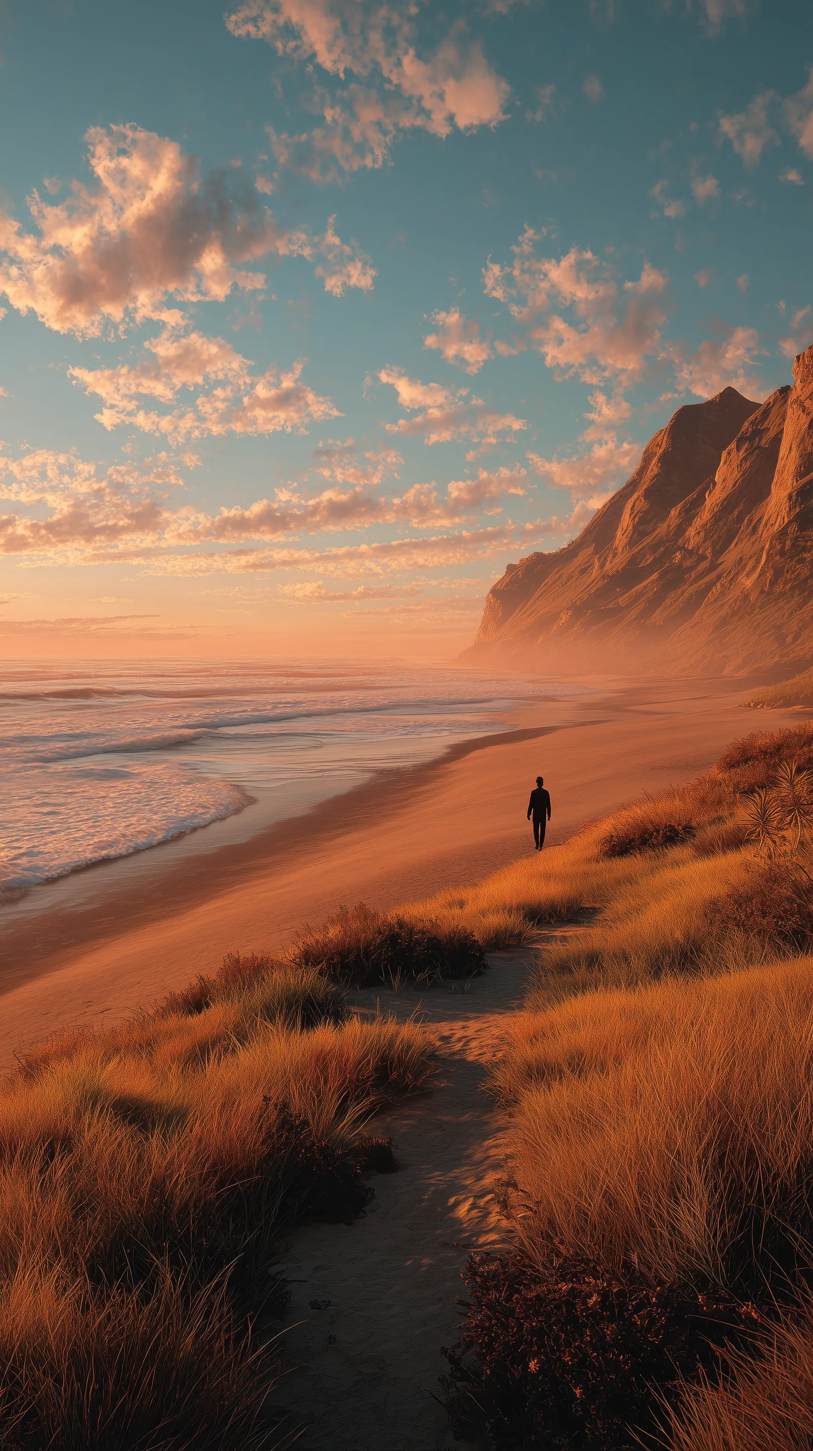 Lone figure walking along sunset beach