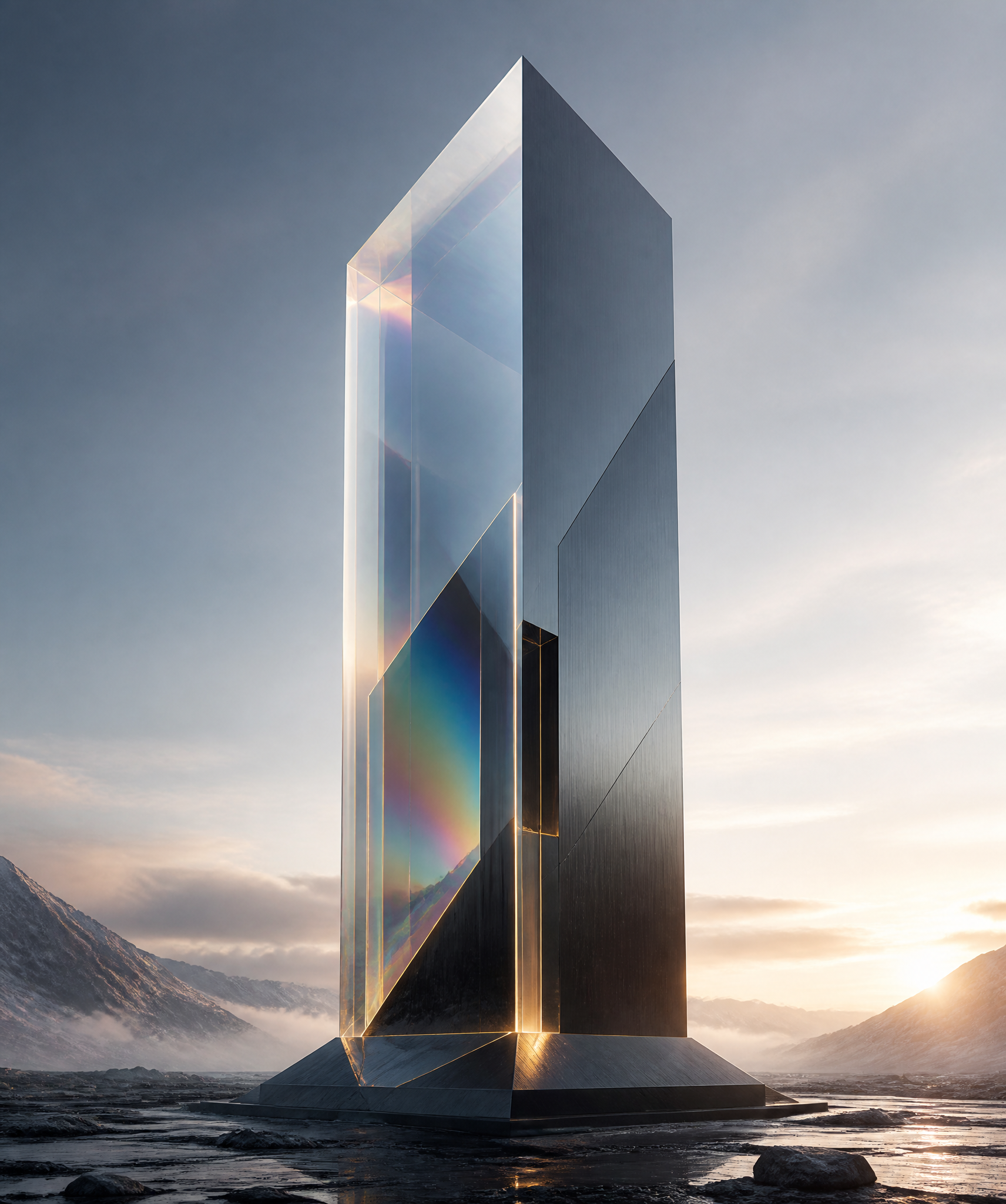 Futuristic Glass Monolith in Arctic Landscape