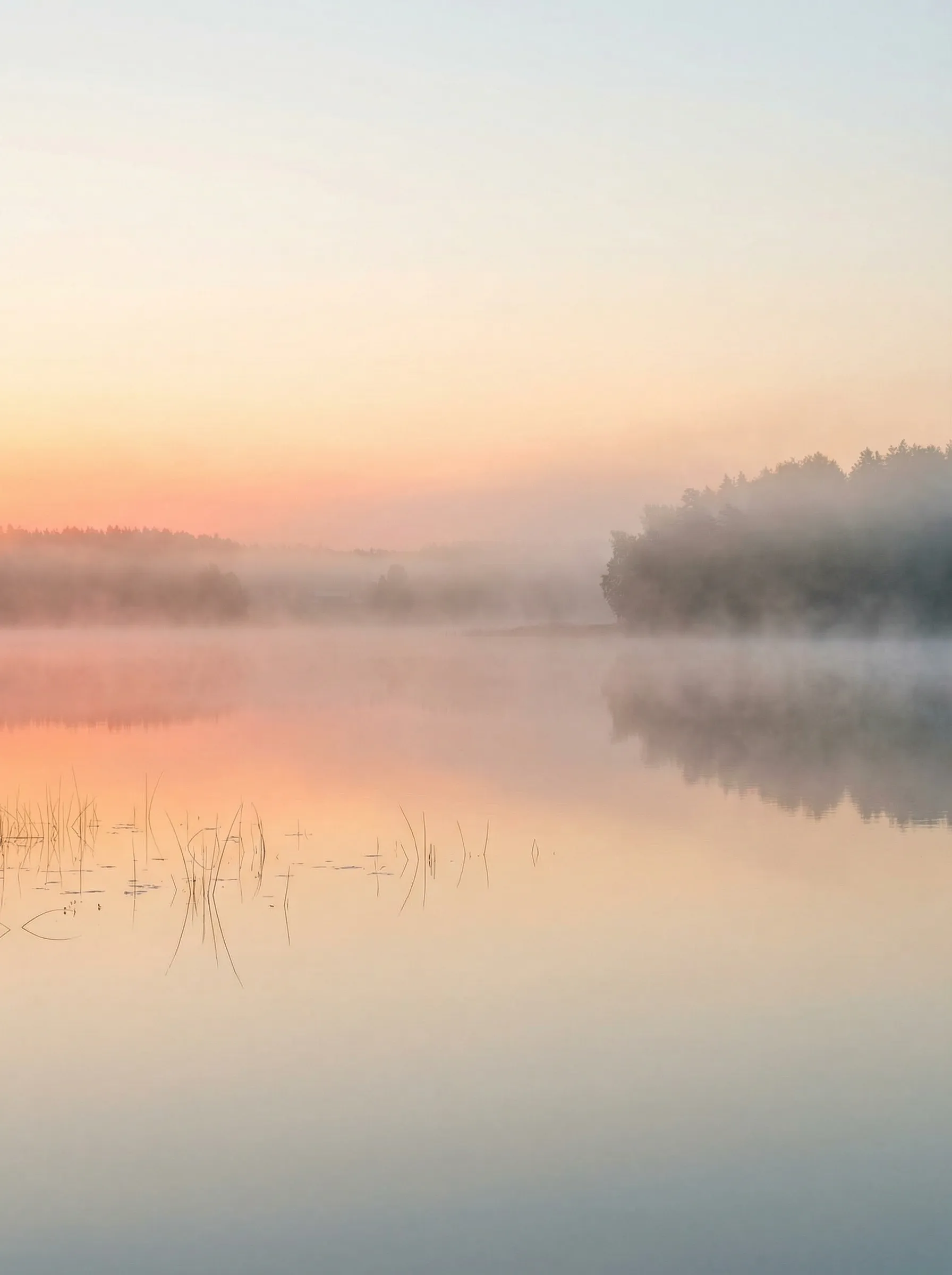 Misty sunrise over calm lake