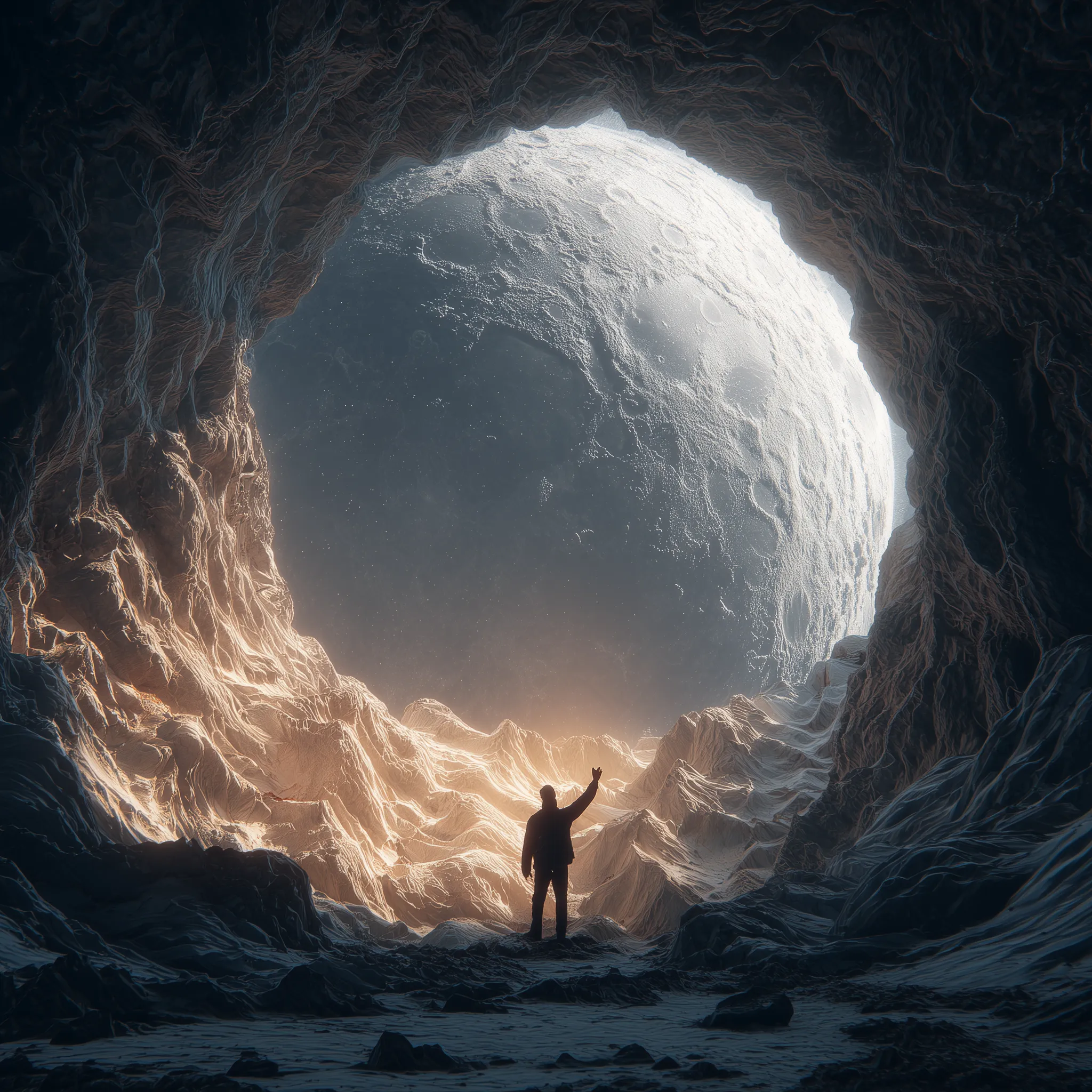 Silhouette Viewing Giant Moon from Lunar Cave