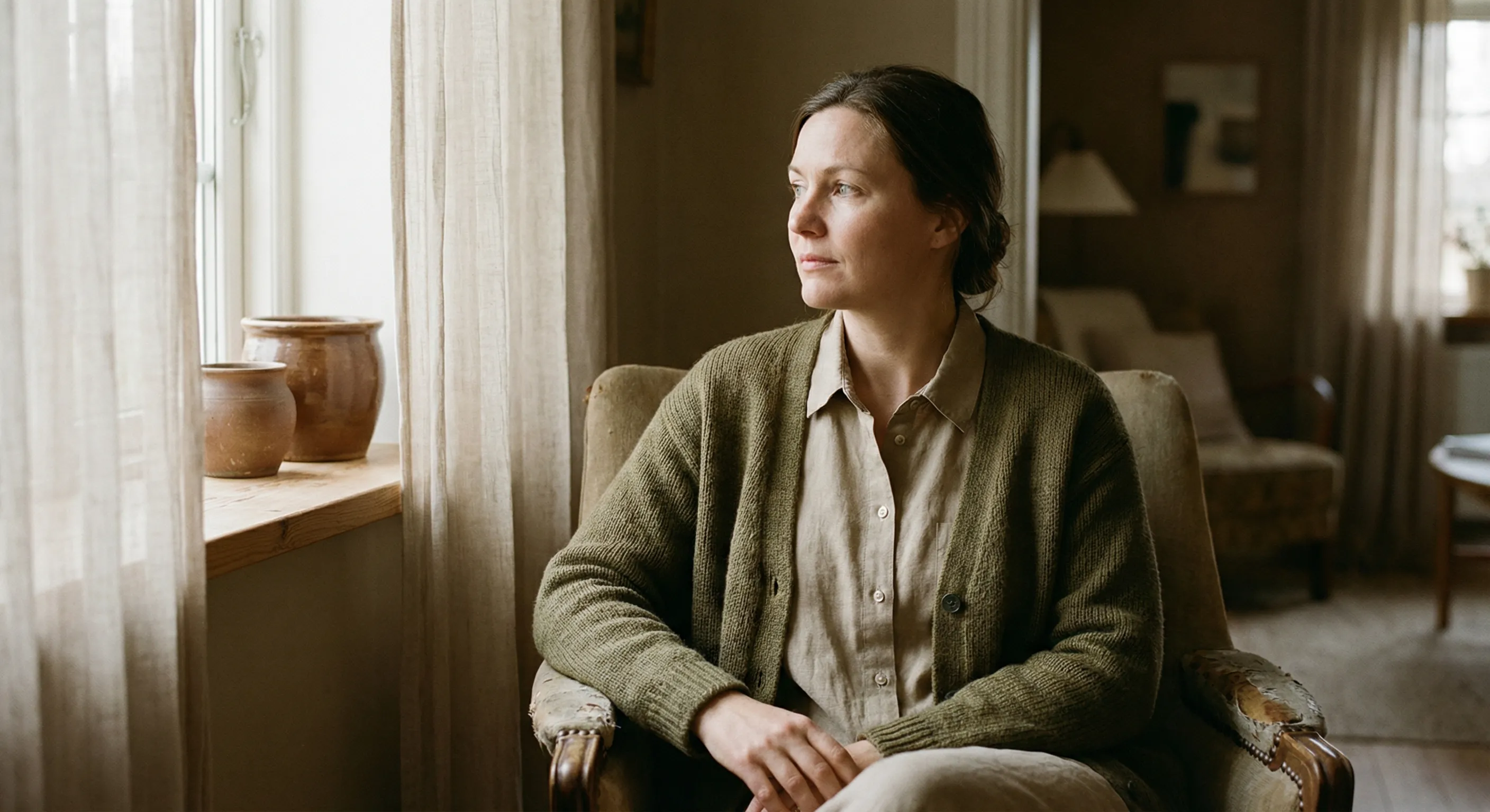 Woman sitting by window in cozy living room