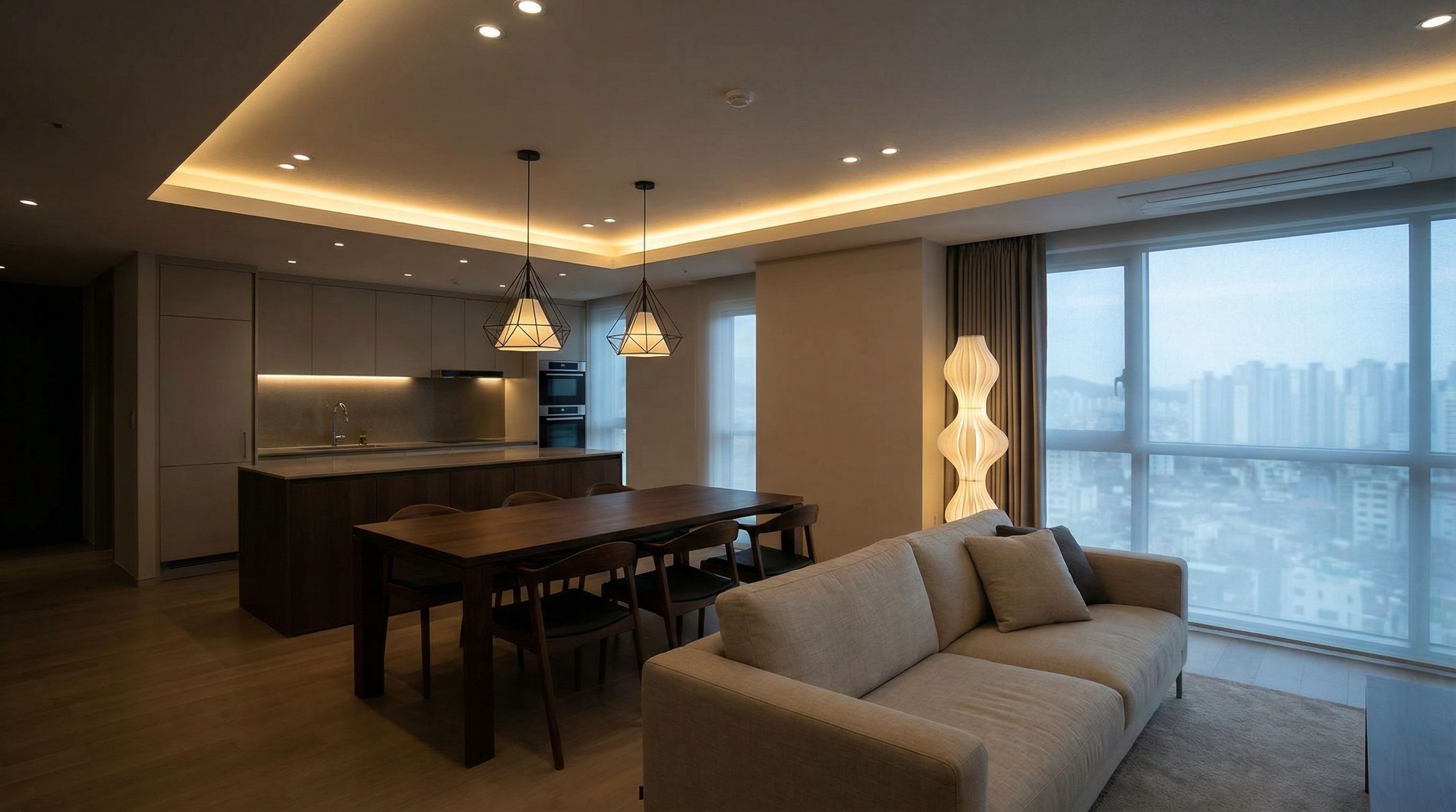 Modern open-plan living room and kitchen at dusk