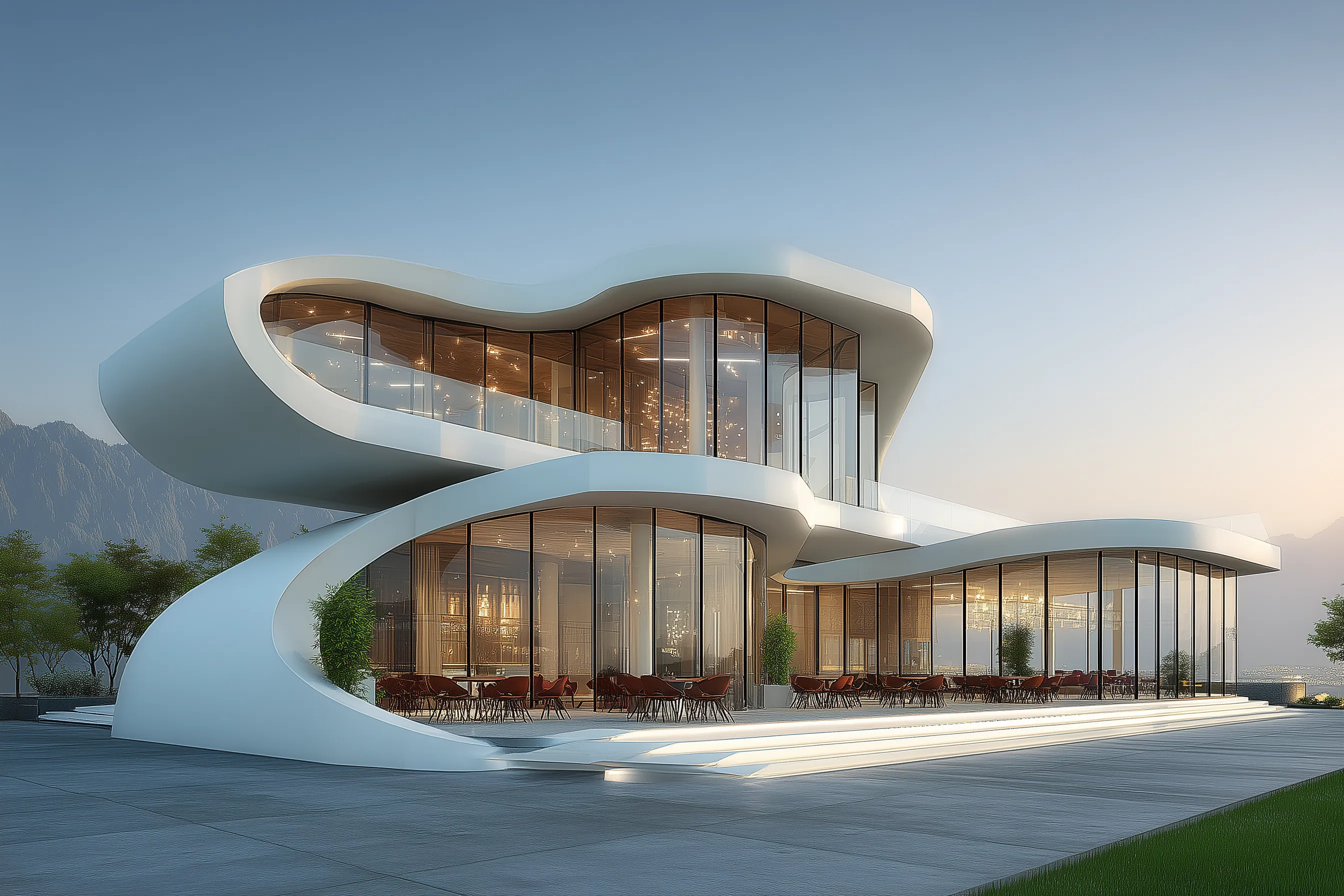Futuristic Curved Glass Modern Building Exterior