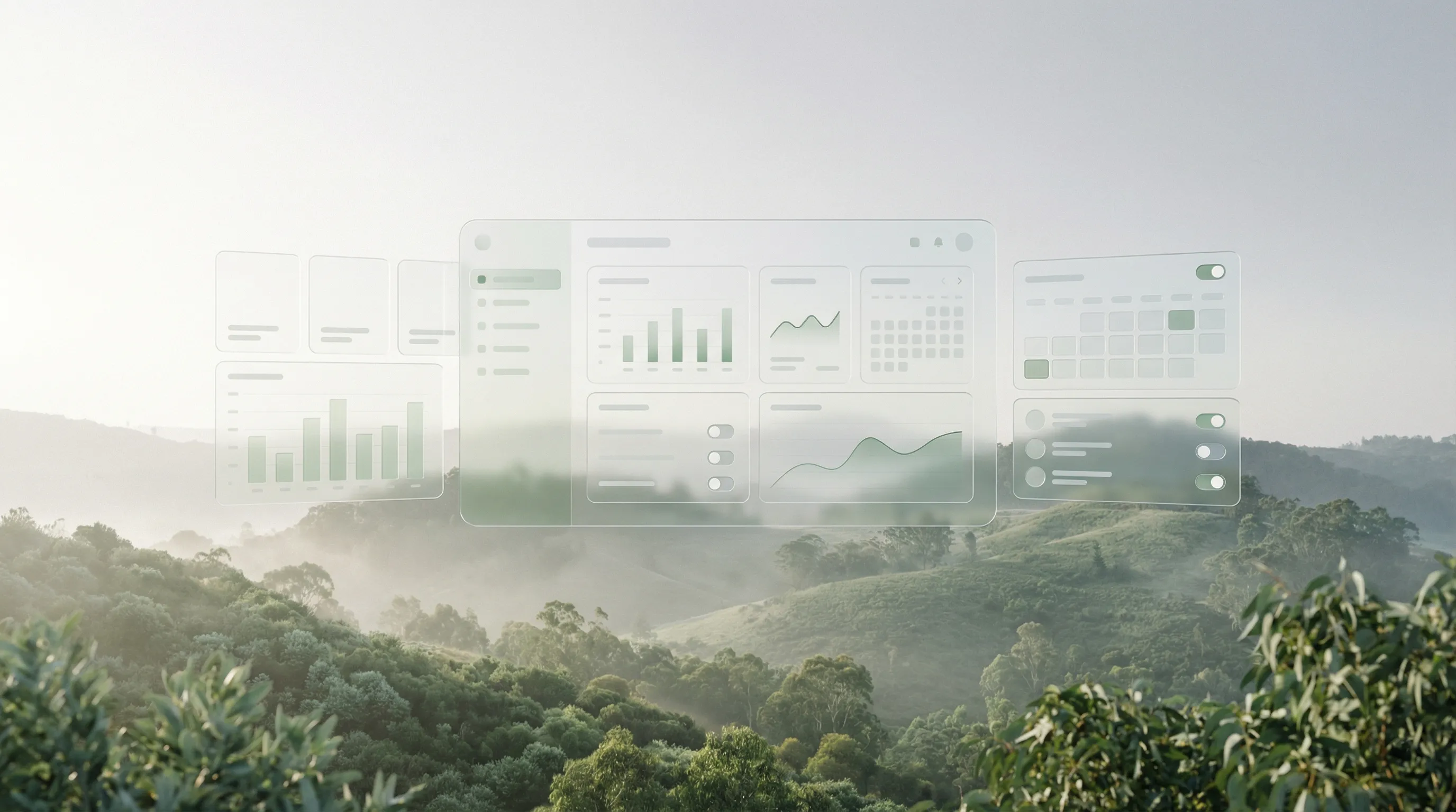 Futuristic analytics dashboard over forest hills