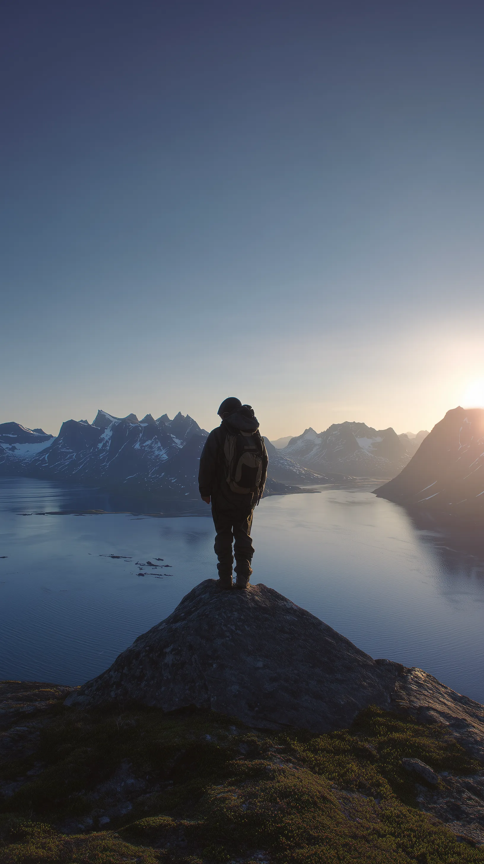 Hiker Overlooking Fjord at Sunrise