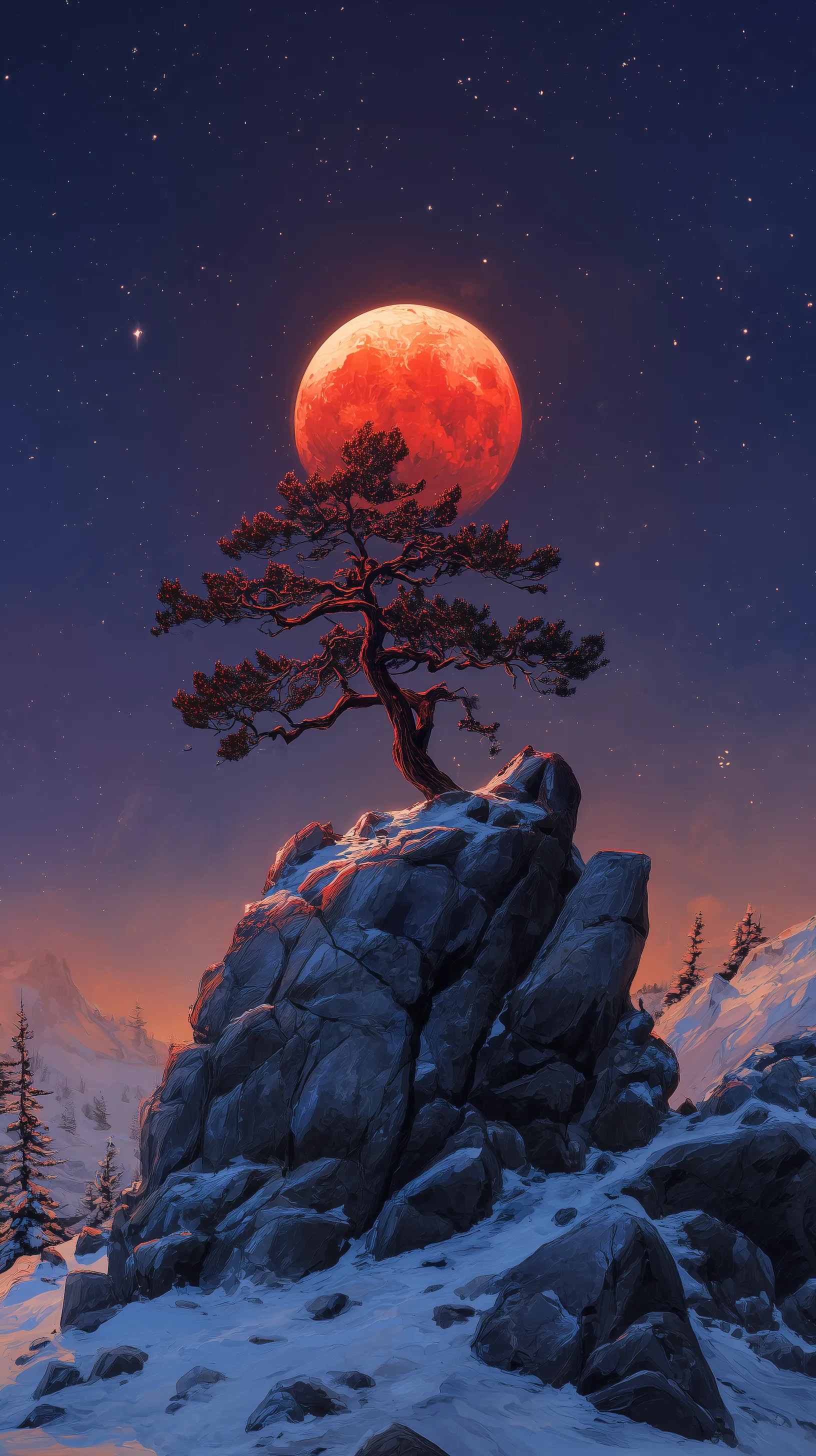 Lone Tree Beneath a Crimson Moon