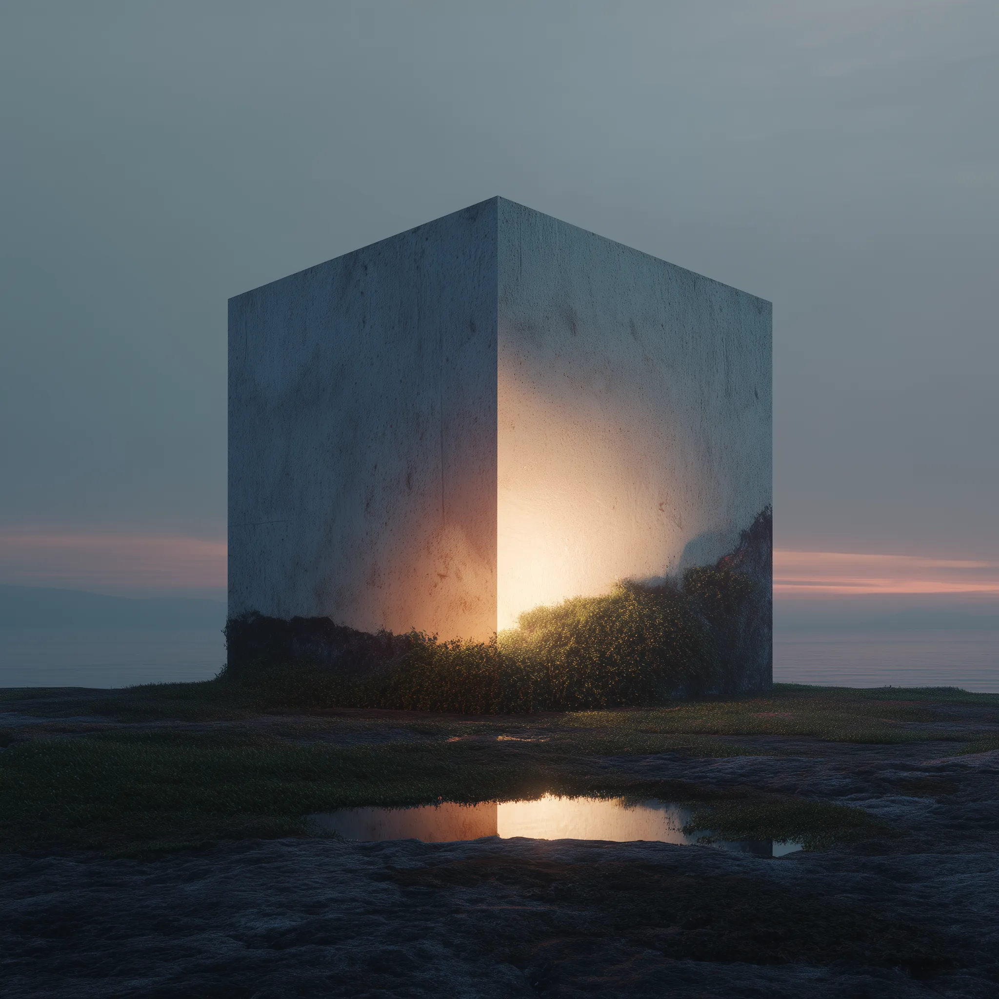 Glowing monolith in serene landscape at dusk