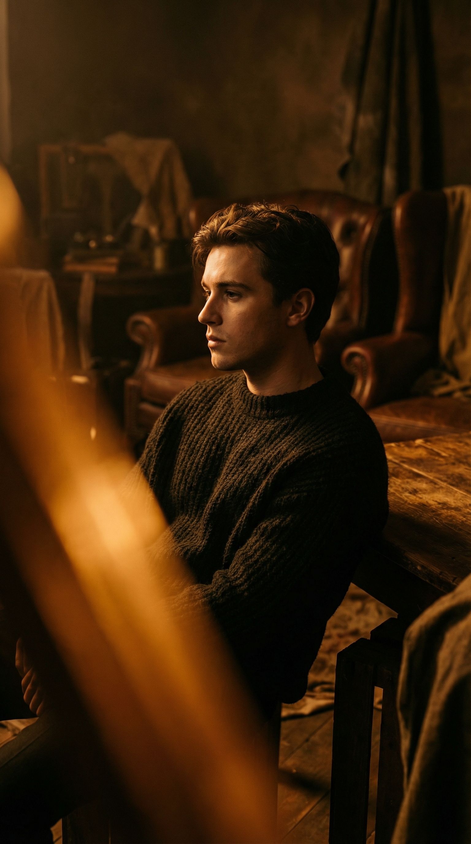 Pensive man in warm vintage interior