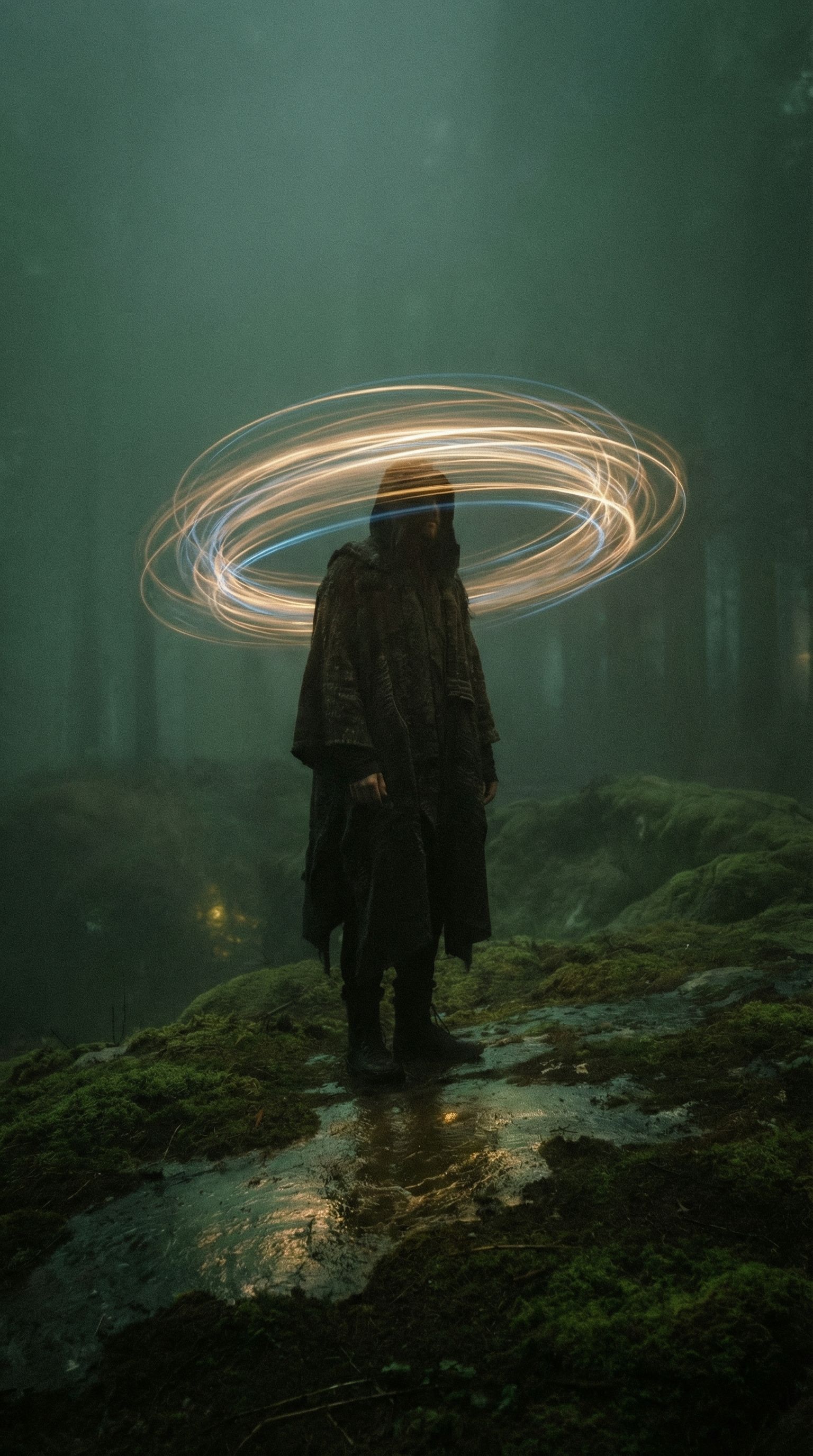 Mystical figure with light halo in foggy forest