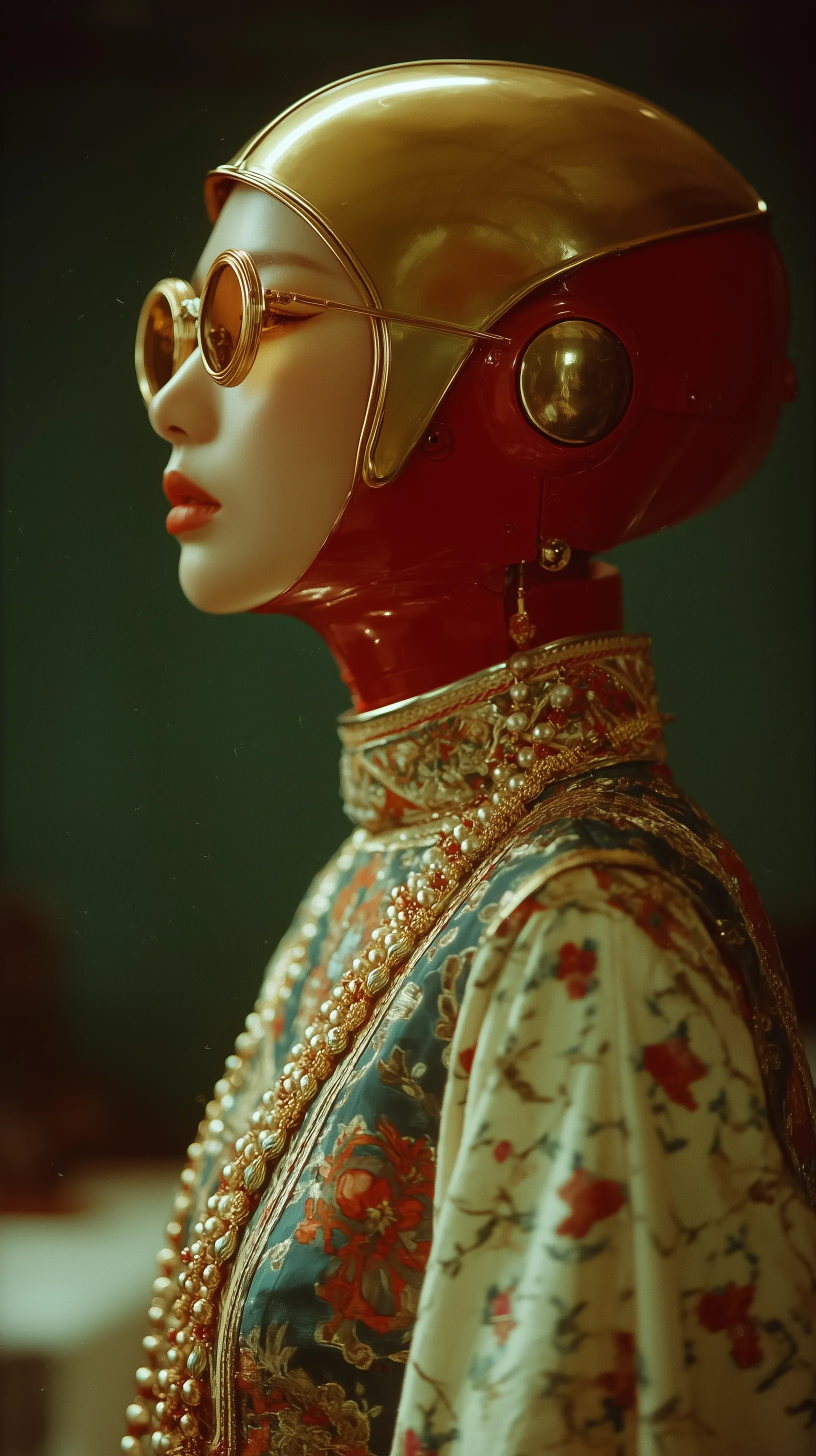 Futuristic portrait of ornate android in profile