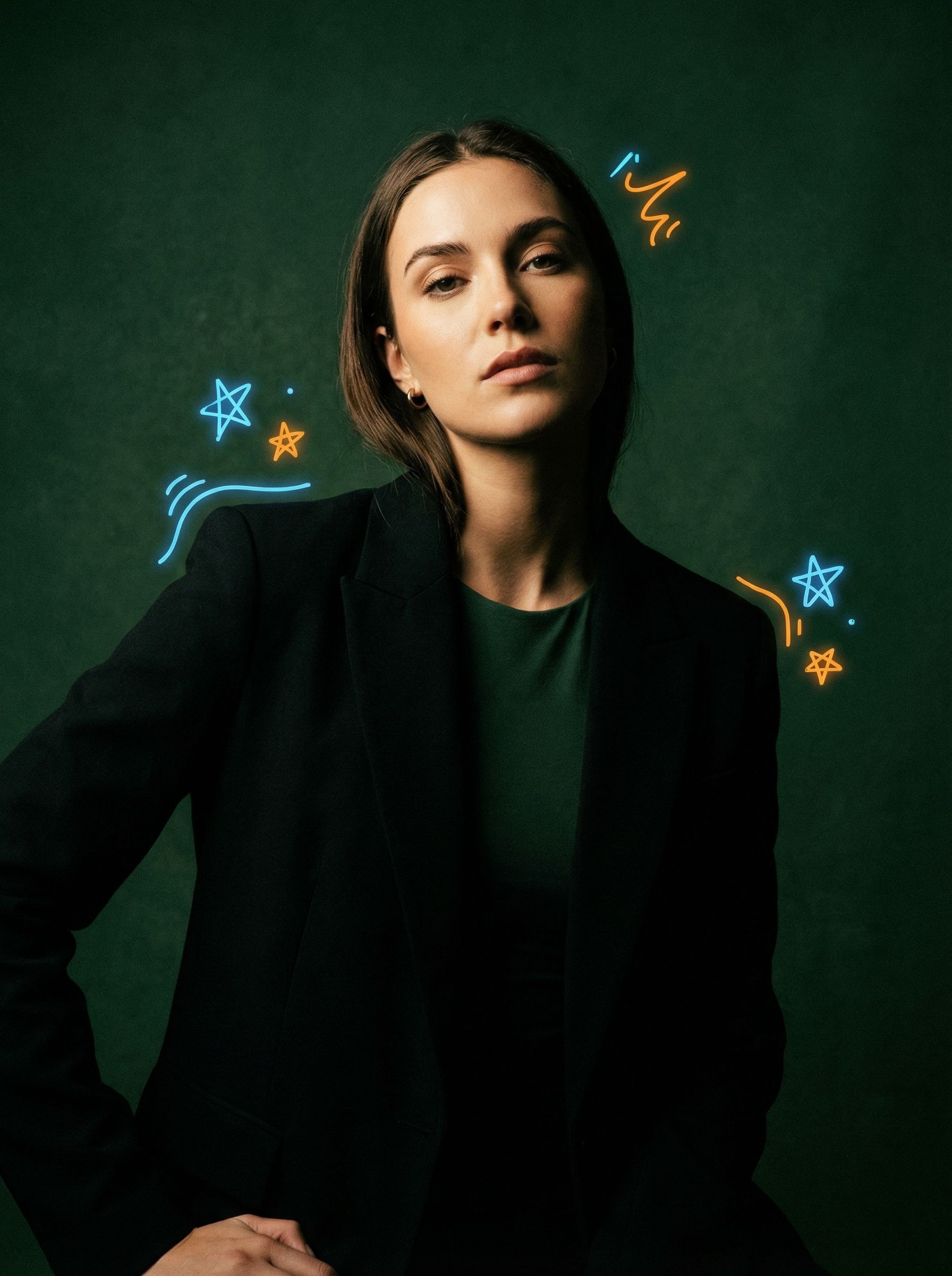 Stylish woman portrait with neon doodles